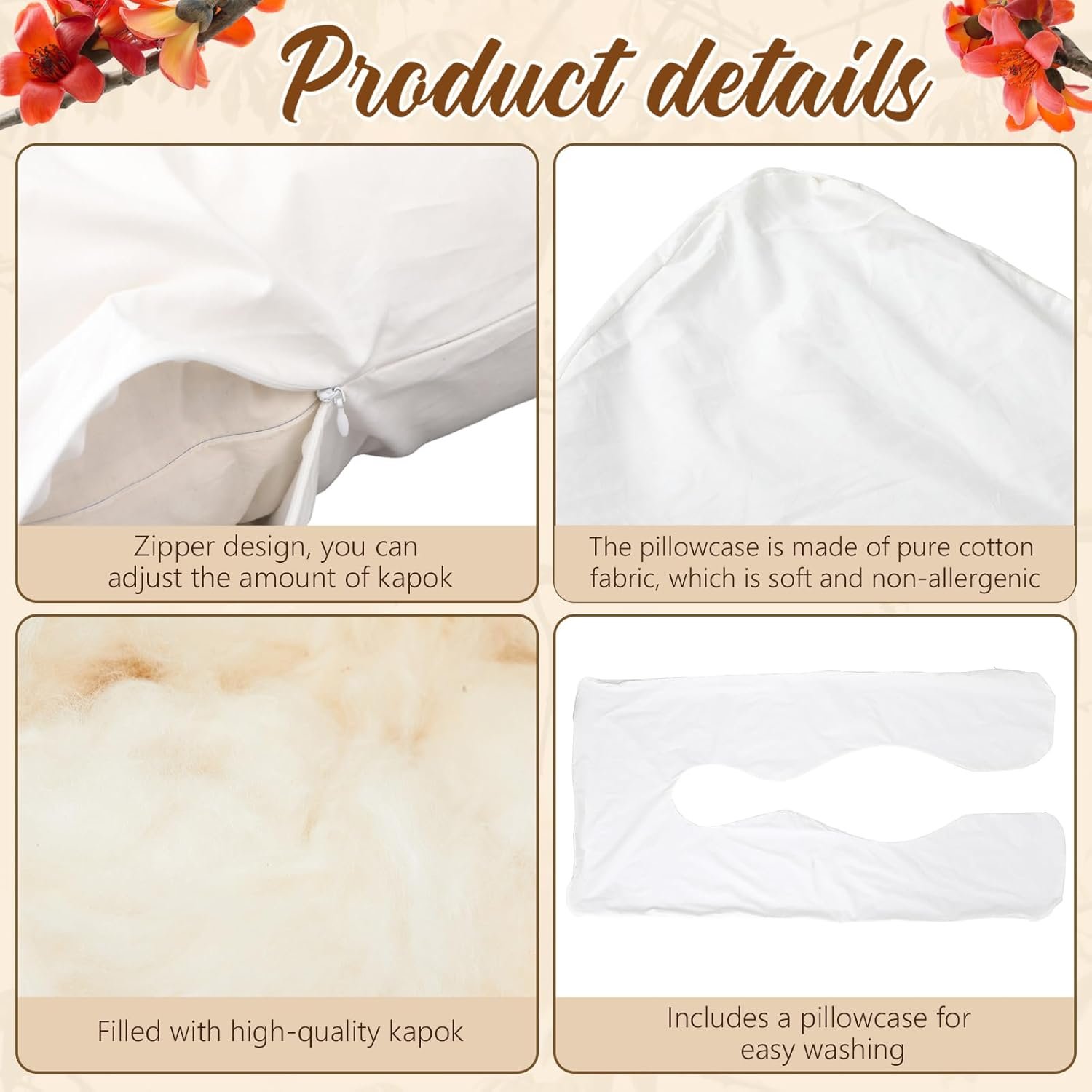 Leinuosen Pregnancy Pillow U-Shape Full Body Maternity Pillows 63 Inch Natural Kapok Fiber Filled with Breathable Cotton Shell for Legs, Back, Neck, Shoulder, HIPS, Belly for Pregnent Women - Image 3