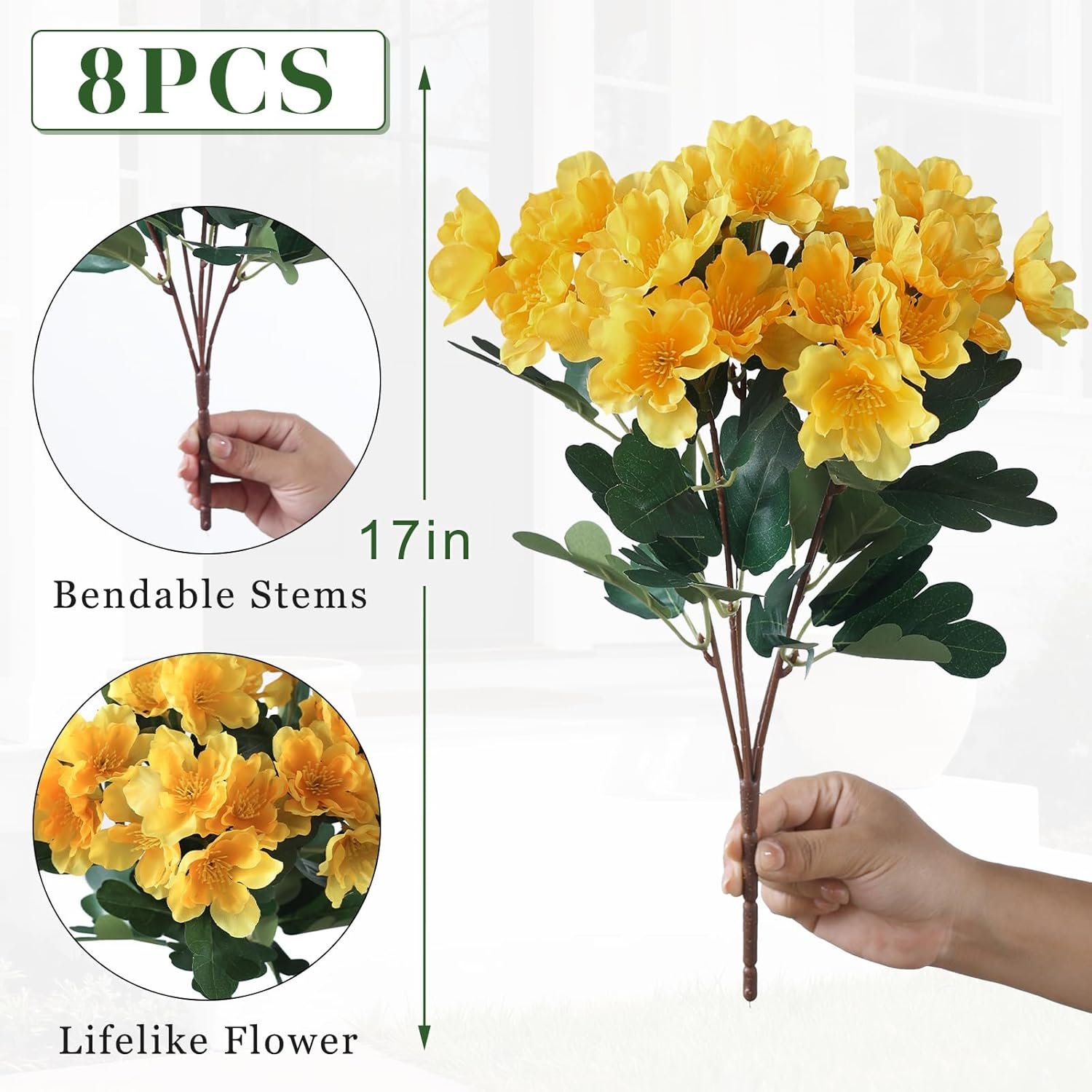 8 Bundles Artificial Camellia for Front Door Outside - Faux UV Resistant Real Looking Camellia Flowers Fake Silk Bouquets Plants for Garden Window Farmhouse Home Spring Summer Decor (Yellow) - Image 5
