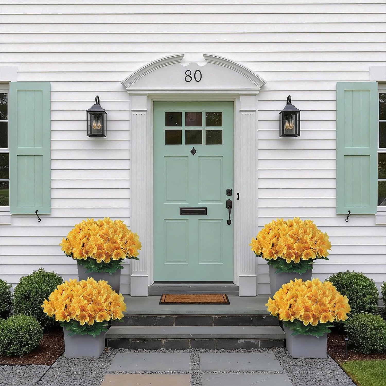 8 Bundles Artificial Camellia for Front Door Outside - Faux UV Resistant Real Looking Camellia Flowers Fake Silk Bouquets Plants for Garden Window Farmhouse Home Spring Summer Decor (Yellow) - Image 7