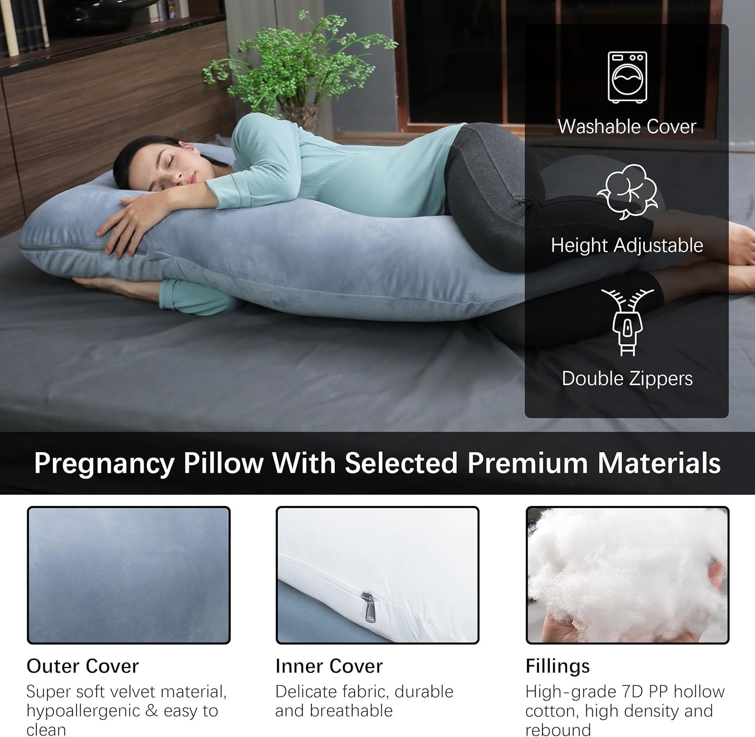 MOON PARK Pregnancy Pillows for Sleeping - 57 Inch U Shaped Full Body Maternity Pillow with Removable Cover - Support for Back, Legs, Belly, Hips - Pregnancy Pillow for Women - Grey - Image 3