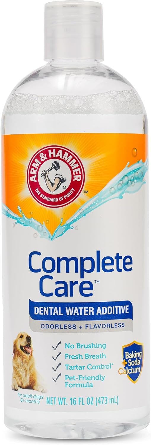 Arm & Hammer Dog Dental Water Additive Breath Freshener, Odorless Flavorless Oral Care Solution for Plaque and Tartar Control, Daily No Brush Dental Support for Dogs, 16 Fl Oz