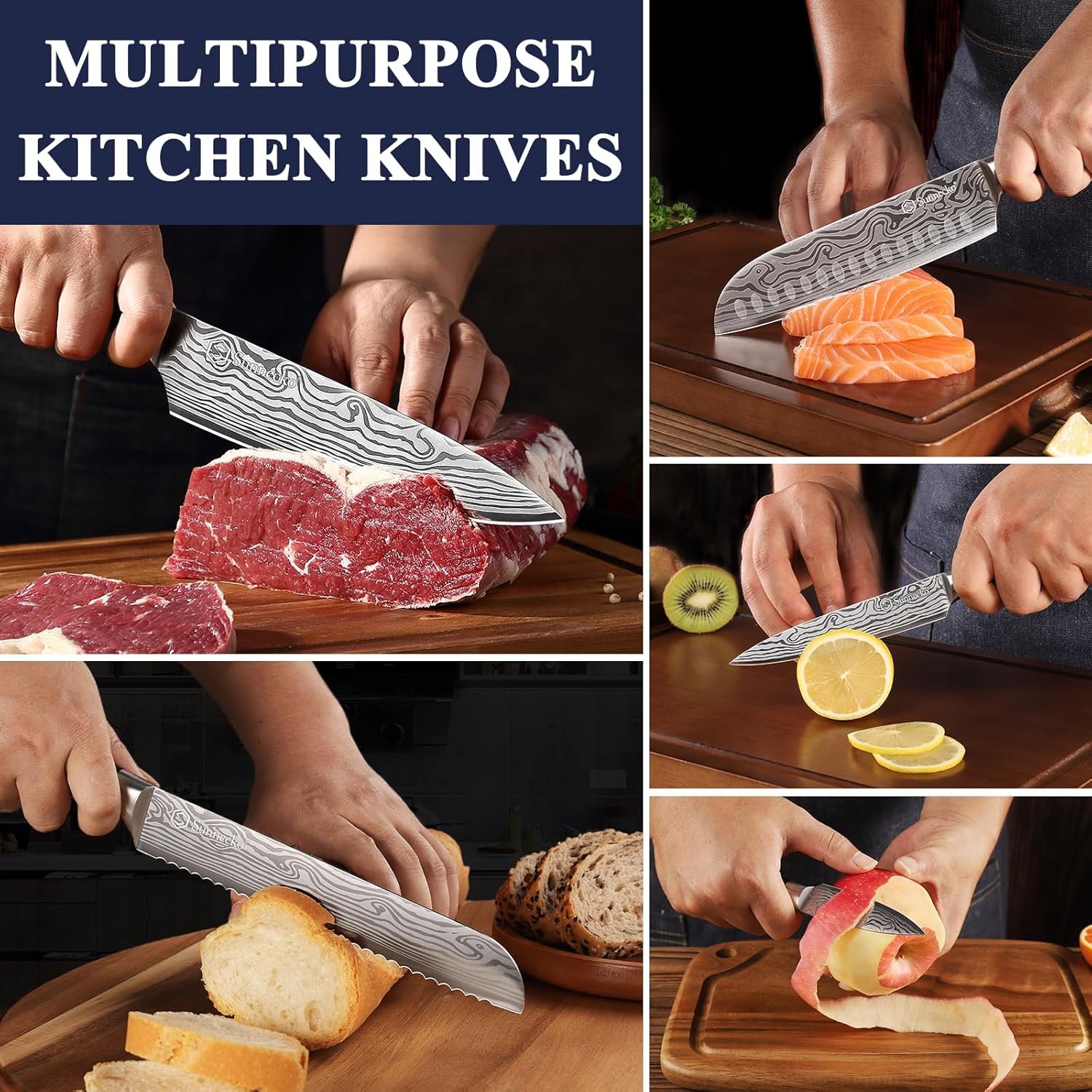 Sunnecko Kitchen Knife Set 5 Piece Chef Knife Set Professional High Carbon Stainless Steel, Sharp Kitchen Knives with Wooden Handle - Image 3