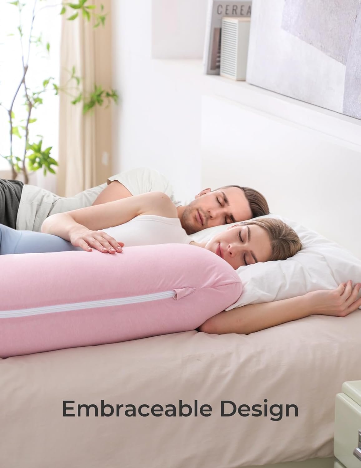 Momcozy Body Pillow for Pregnancy, J Shaped Pregnancy Pillows for Side Sleeping, Soft Maternity Pillow with Jersey Cotton Cover for Head Neck Belly Support, Pink - Image 5