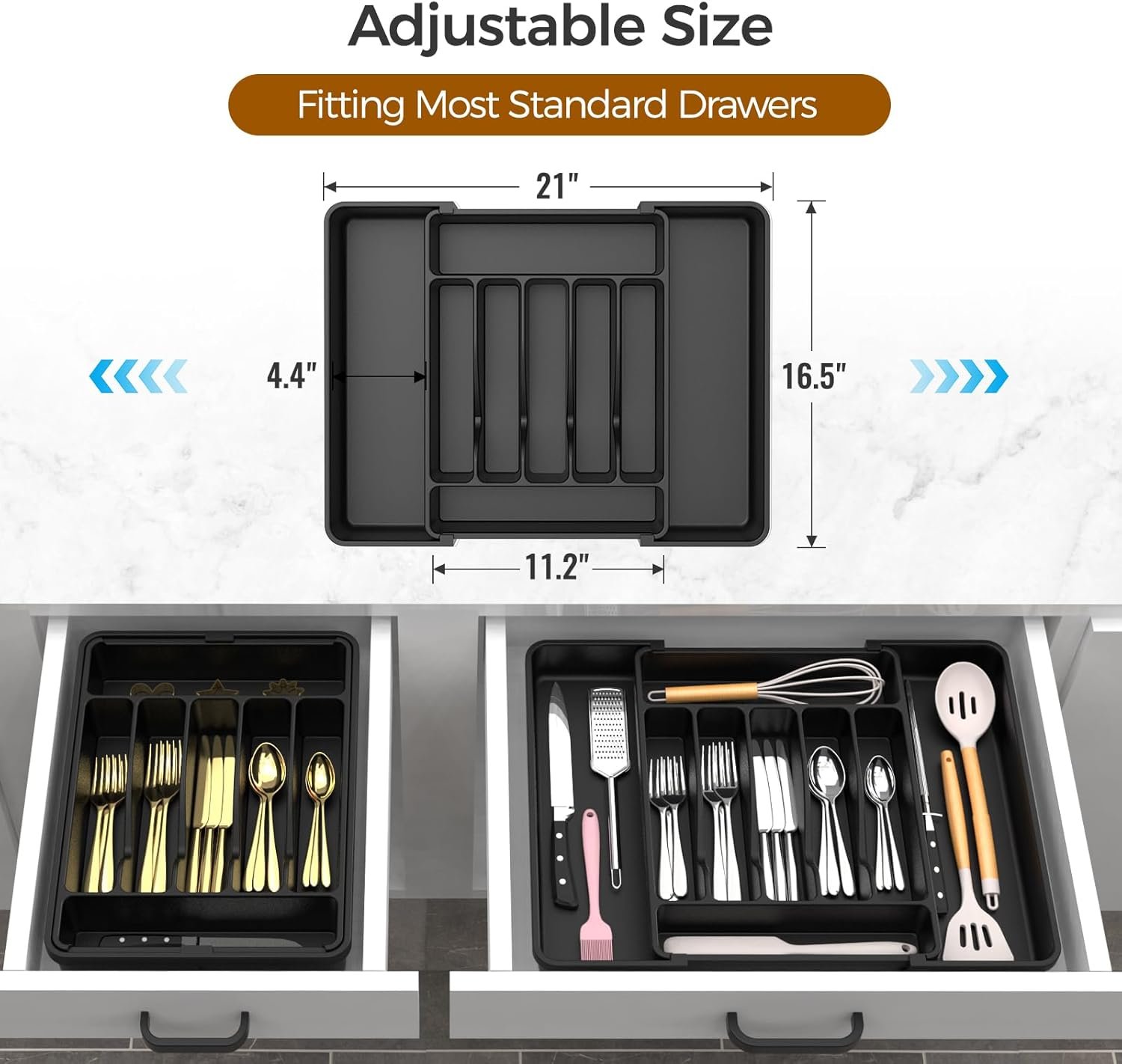 Extra Large Expandable Silverware Organizer, BPA-Free Food-Safe Cutlery Flatware Organizer, Kitchen Utensil Drawer Organizer, Adjustable Silverware Holder for Spoons Forks Knives, Black - Image 3