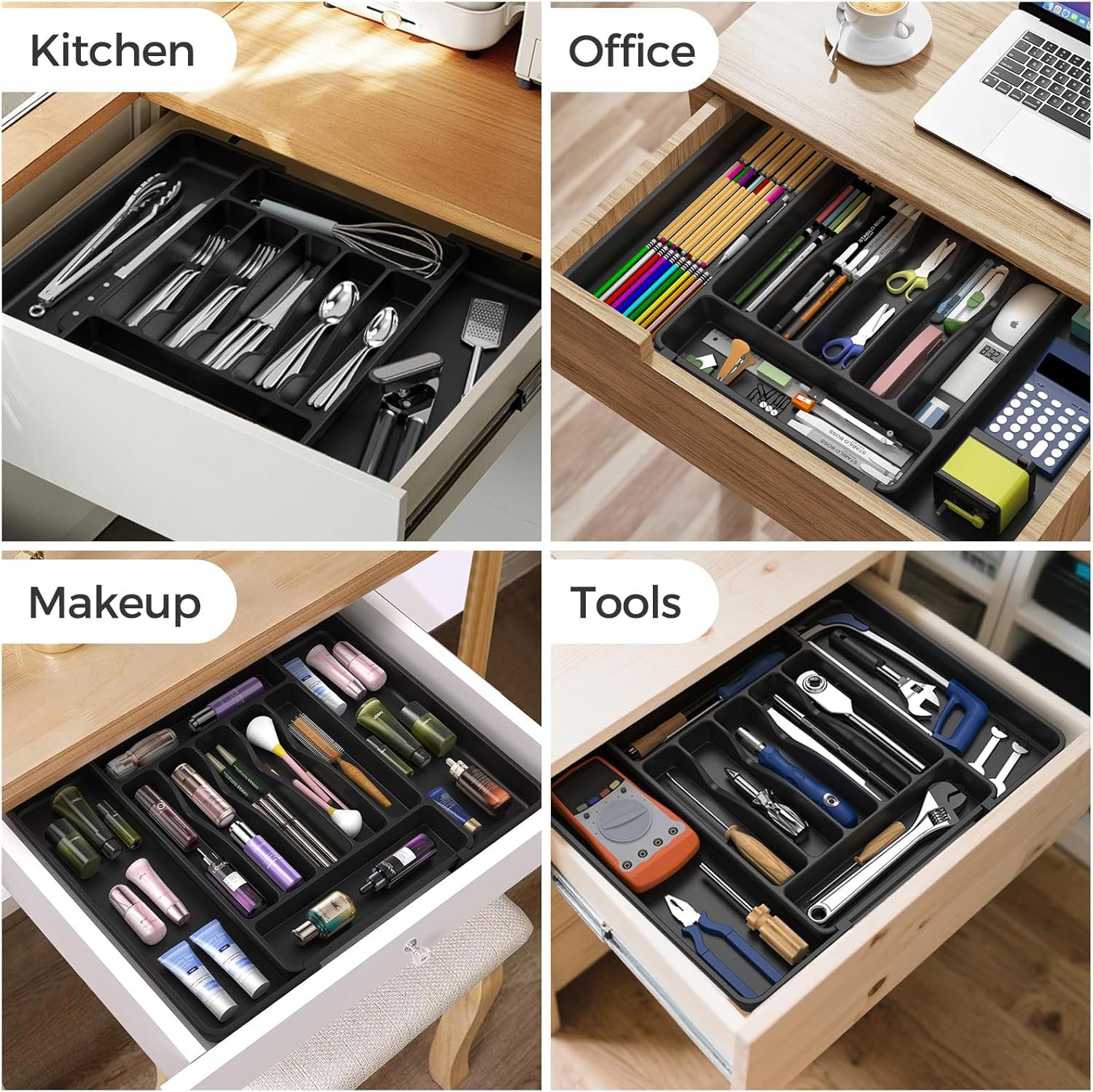 Extra Large Expandable Silverware Organizer, BPA-Free Food-Safe Cutlery Flatware Organizer, Kitchen Utensil Drawer Organizer, Adjustable Silverware Holder for Spoons Forks Knives, Black - Image 4