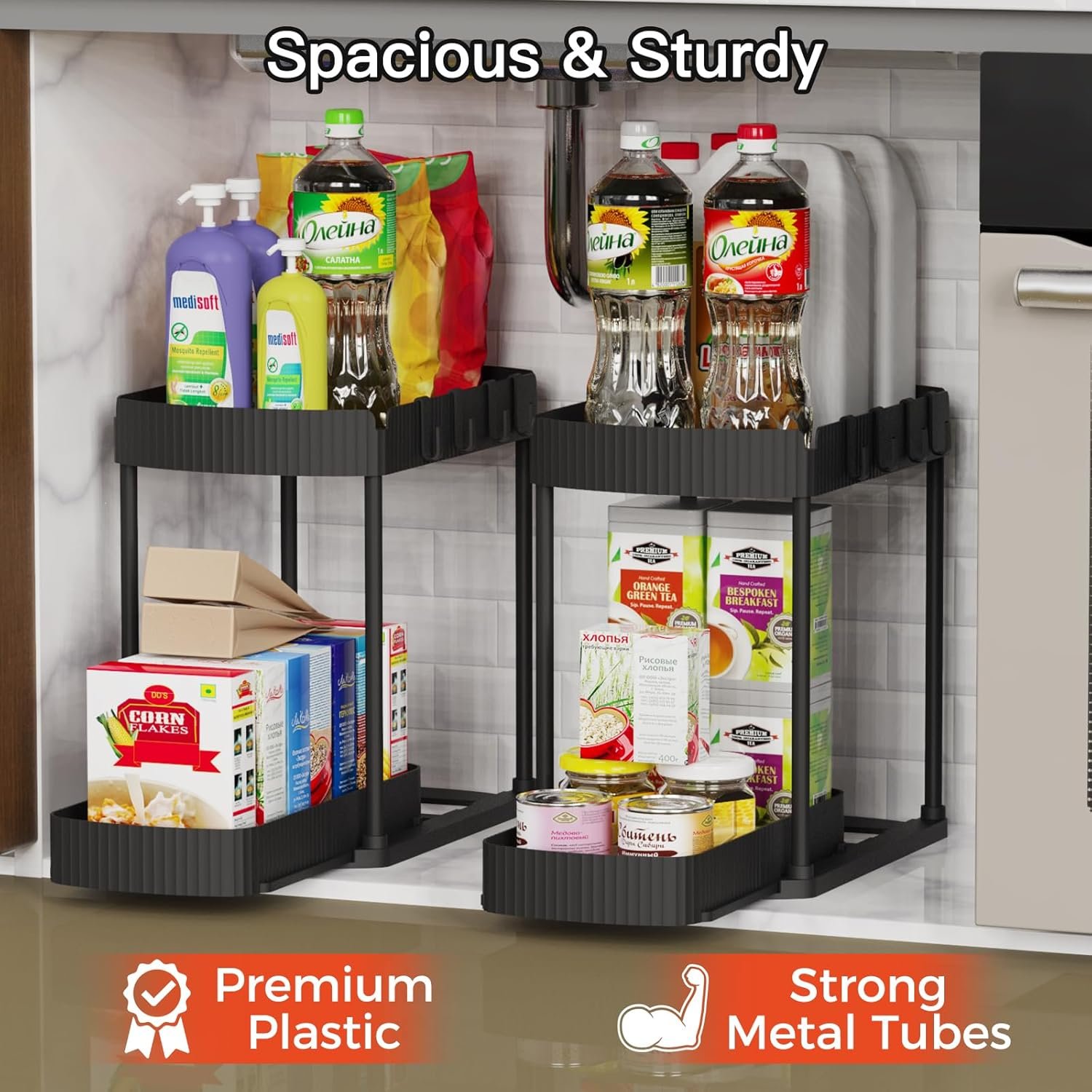 Multi-Purpose Pull-Out Storage Organizers, Under Sink/Cabinet Organizers and Storage for Bathroom & Kitchen, Black, 12.8 Inches, 2 Packs - Image 3