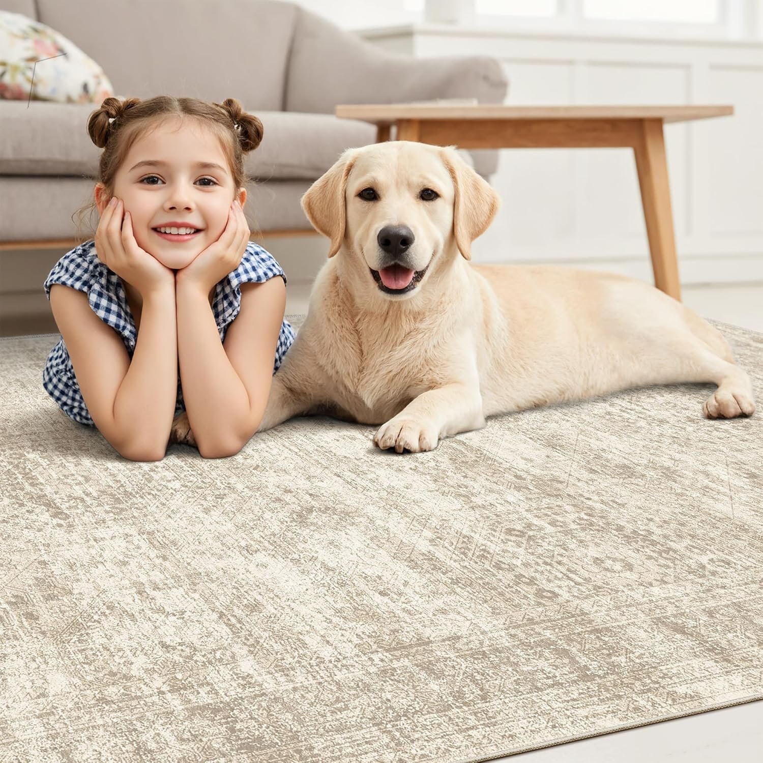 Washable Area Rug 8x10, Large Soft Rugs for Living Room Vintage Beige Carpet 8x10 Area Rugs for Bedroom Dining Room Non-Slip Stain Resistant Under Table Rug - Image 6