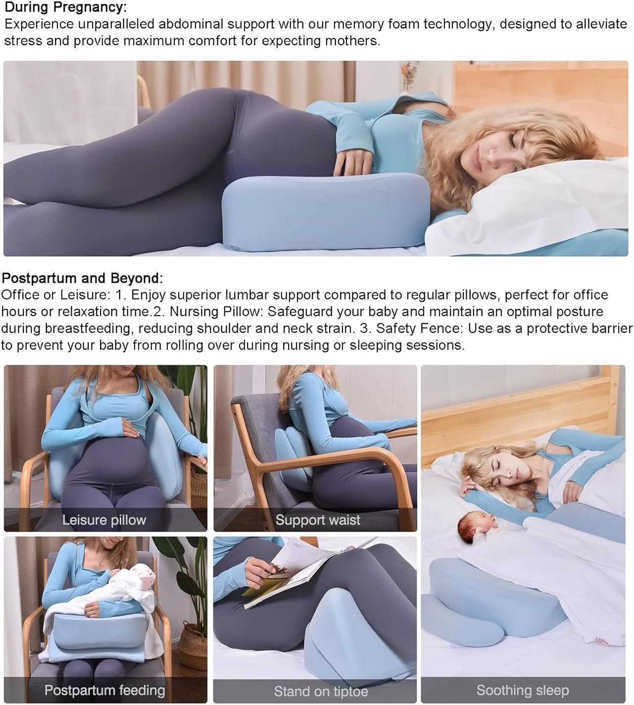 Pregnancy Pillows for Sleeping, Upgraded Memory Foam Maternity Pillow, Pregnancy Wedge Pillow for Pregnant Women with Cooling Removable, Washable Cover, Support for Belly,Back (Blue) - Image 4