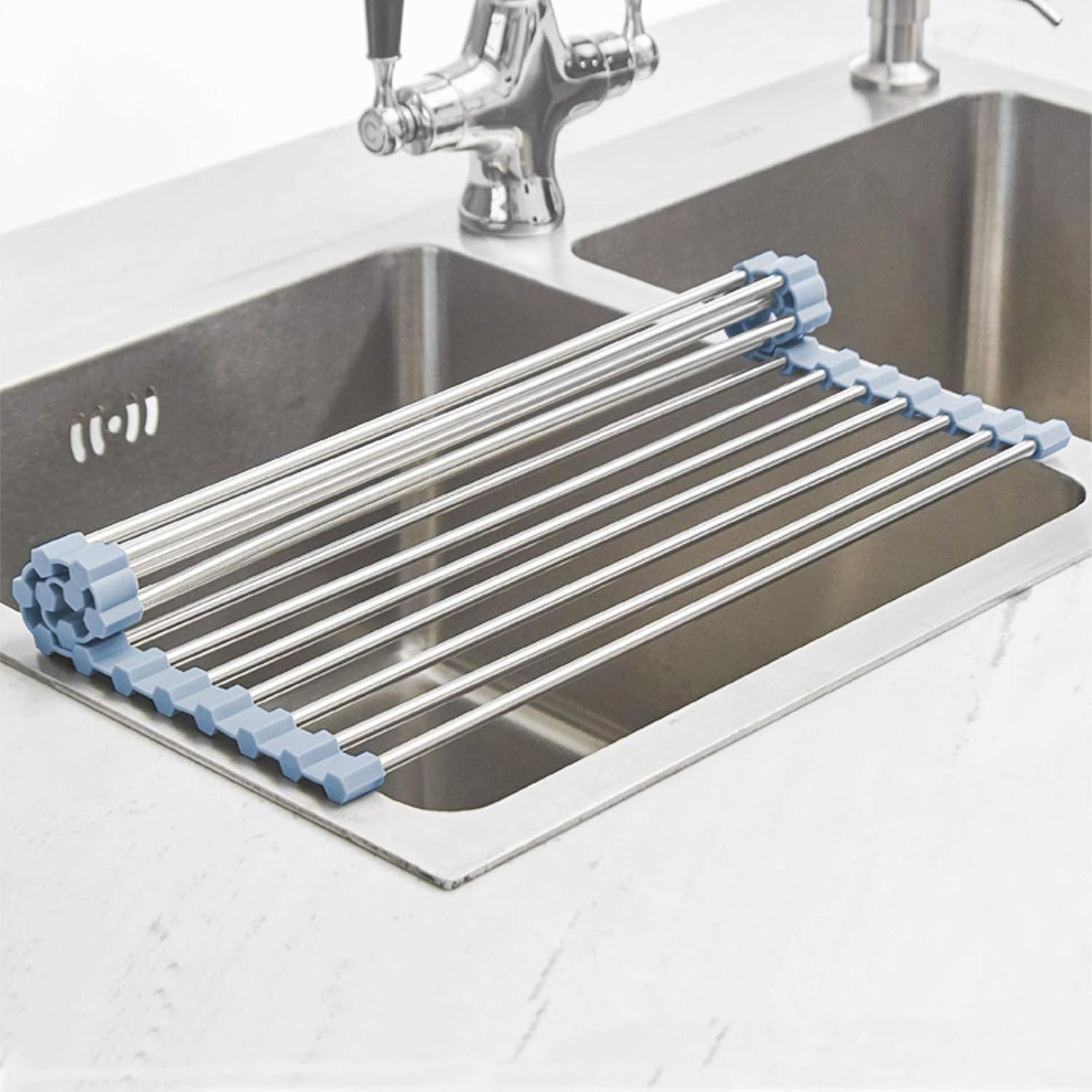 MECHEER Over The Sink Dish Drying Rack, Roll Up Dish Drying Rack Kitchen Dish Rack Stainless Steel Sink Drying Rack, Foldable Dish Drainer, 17.5''x11.8'' - Image 3