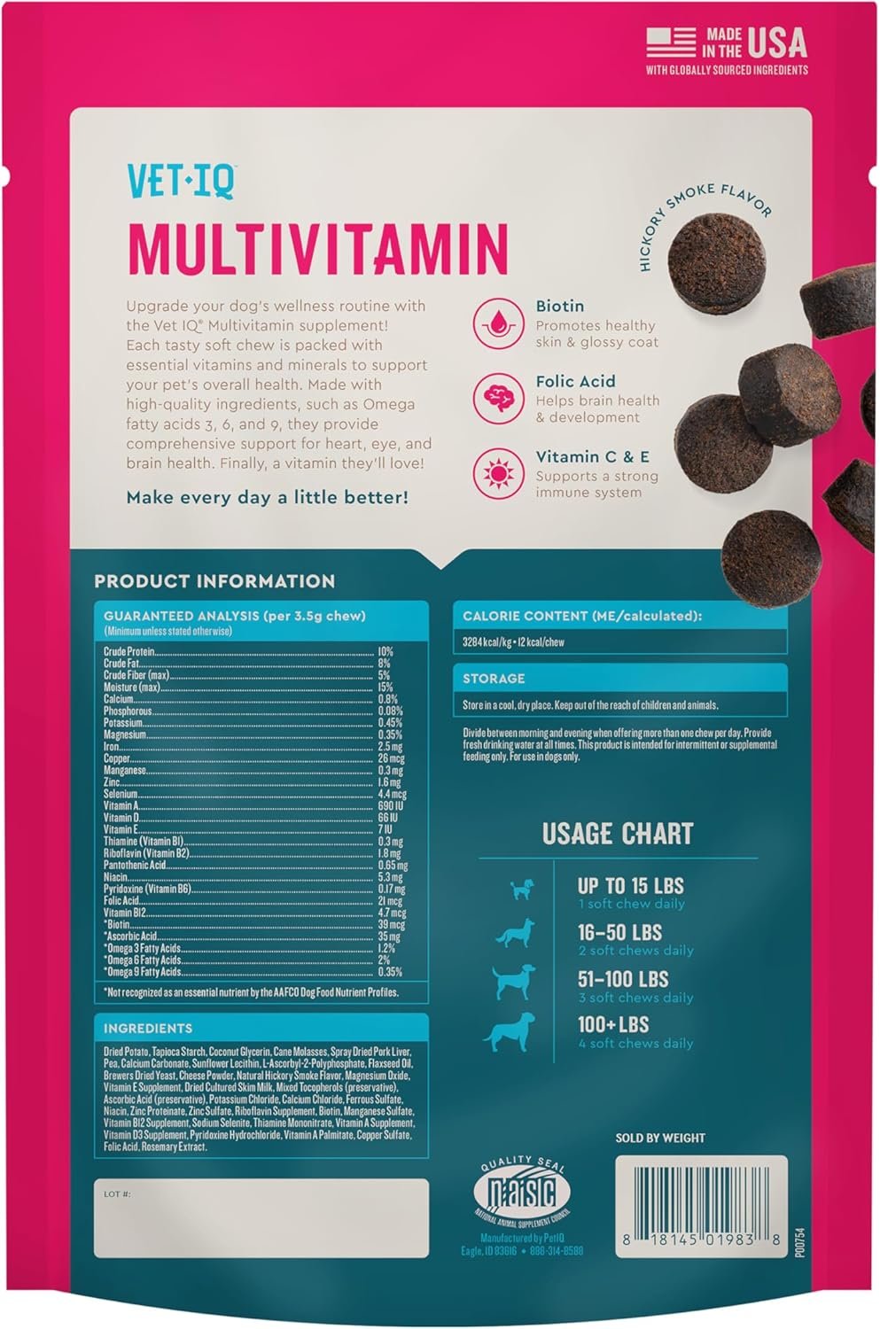 VetIQ Multivitamin Supplement for Dogs, Supports Active Brain Function, Immune System, and Digestive System, Hickory Smoke Flavored Dog Multivitamin, Made in The USA, 60 Count - Image 5