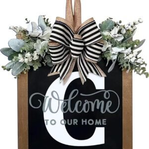 Last Name Year Round Front Door Wreath Front Porch Decoration 26 Letter Welcome Sign with Eucalyptus Garland and Bow Spring Wreaths for Front Door Outside Hanger Garland(C)