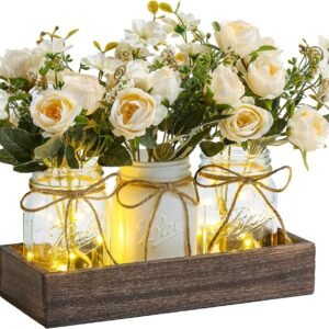 3 Pcs Mason Jar Centerpiece Table Decorations for Dining Table Decor Farmhouse Coffee Table Decor with Wood Tray and Led Light Table Centerpieces for Dining room Kitchen Living Bathroom,White