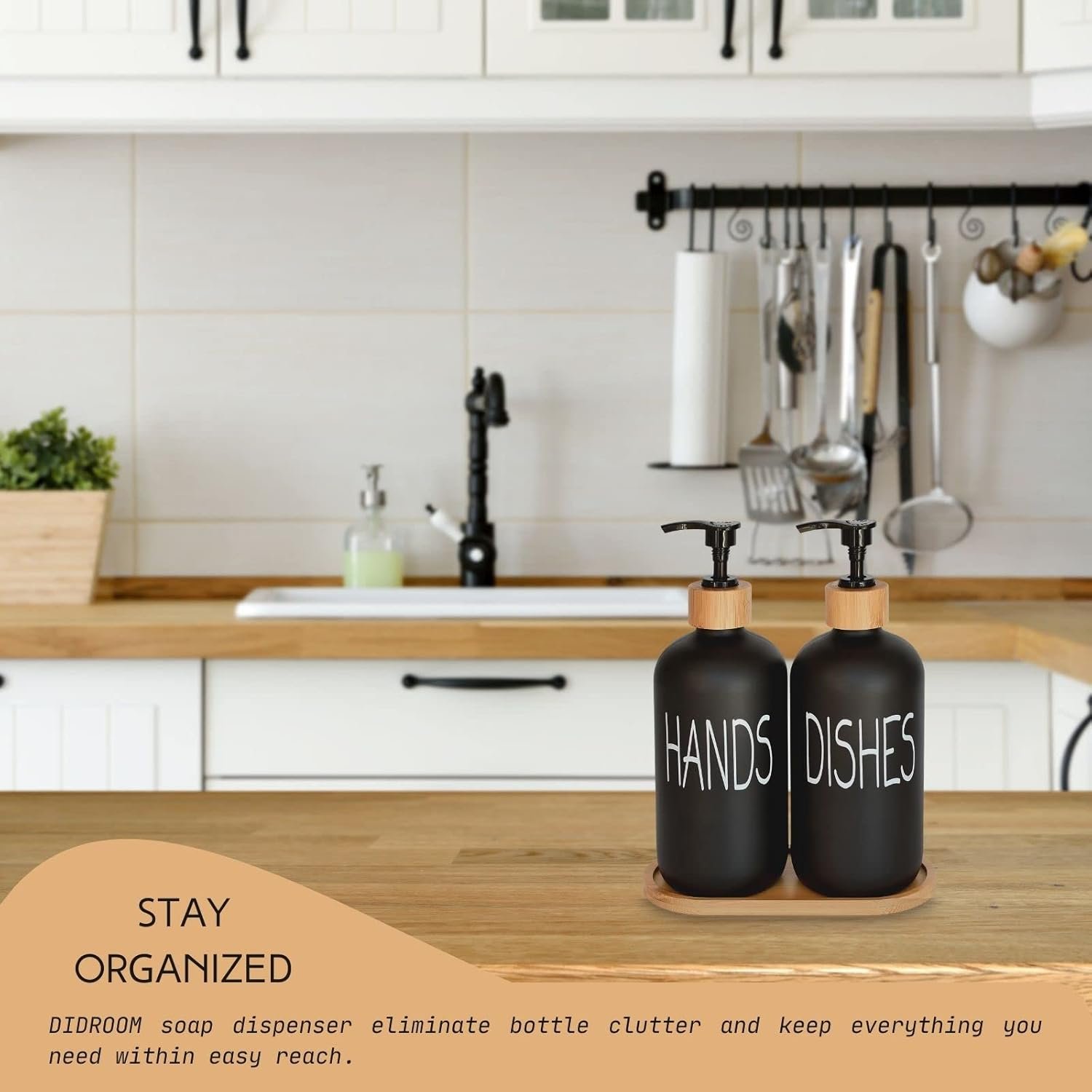 Glass Soap Dispenser Set. Hand and Dish with Bamboo Tray. Vintage Pump for Kitchen Sink Bathroom. Stylish Permanent Labels (Matte Black) - Image 3