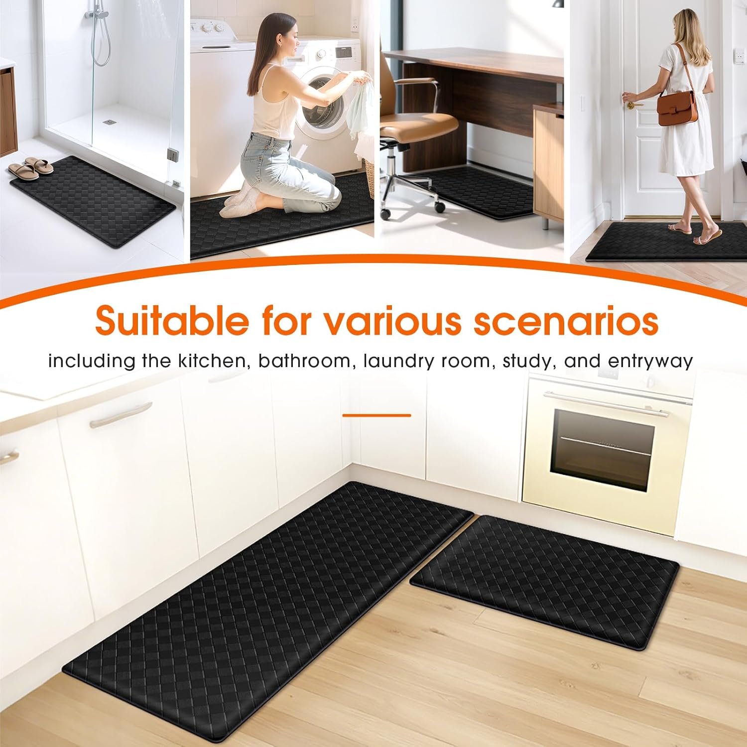 Kitchen Mats, 2PCS Kitchen Rugs, Cushioned Anti Fatigue Kitchen Mats for Floor, Non-Slip Standing Sink Mat, Waterproof Kitchen Rug Set for Kitchen Floor Office,17.3"×30"+17.3"×47" Black - Image 4