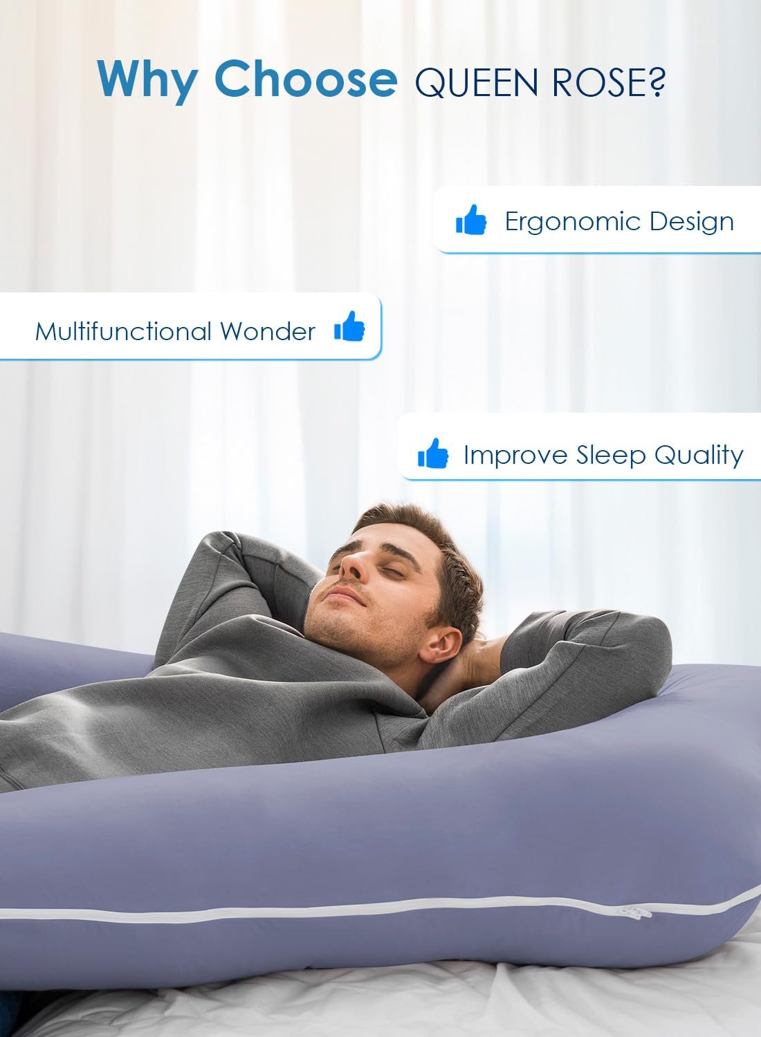 QUEEN ROSE Pregnancy Pillow, U Shaped Full Body Pillows for Sleeping Support, 55 Inch Maternity Pillow for Pregnant Women with Cooling Silky Cover, Blue - Image 3