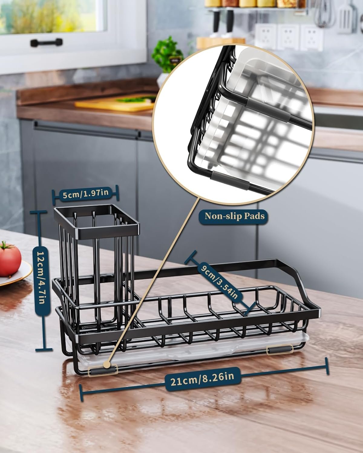 Consumest Sponge Holder for Kitchen Sink - Kitchen Sink Caddy Organizer with Removable Drip Tray for Countertop Dish Soap Dispenser Brush Storage Accessories 304 Stainless Steel - Black - Image 3