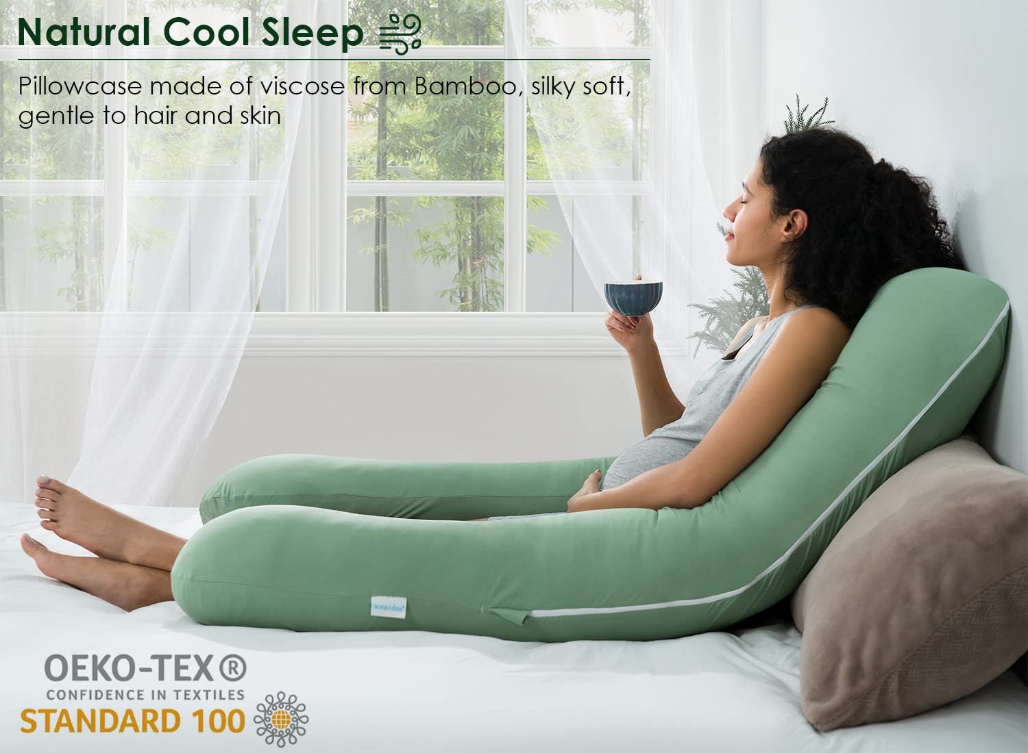QUEEN ROSE Cooling Pregnancy Pillows, U Shaped Full Body Maternity Pillow for Pregnant Support, Rayon Derived from Bamboo, Buttery Soft, Super Breathable for Hot Sleeper, Green - Image 3
