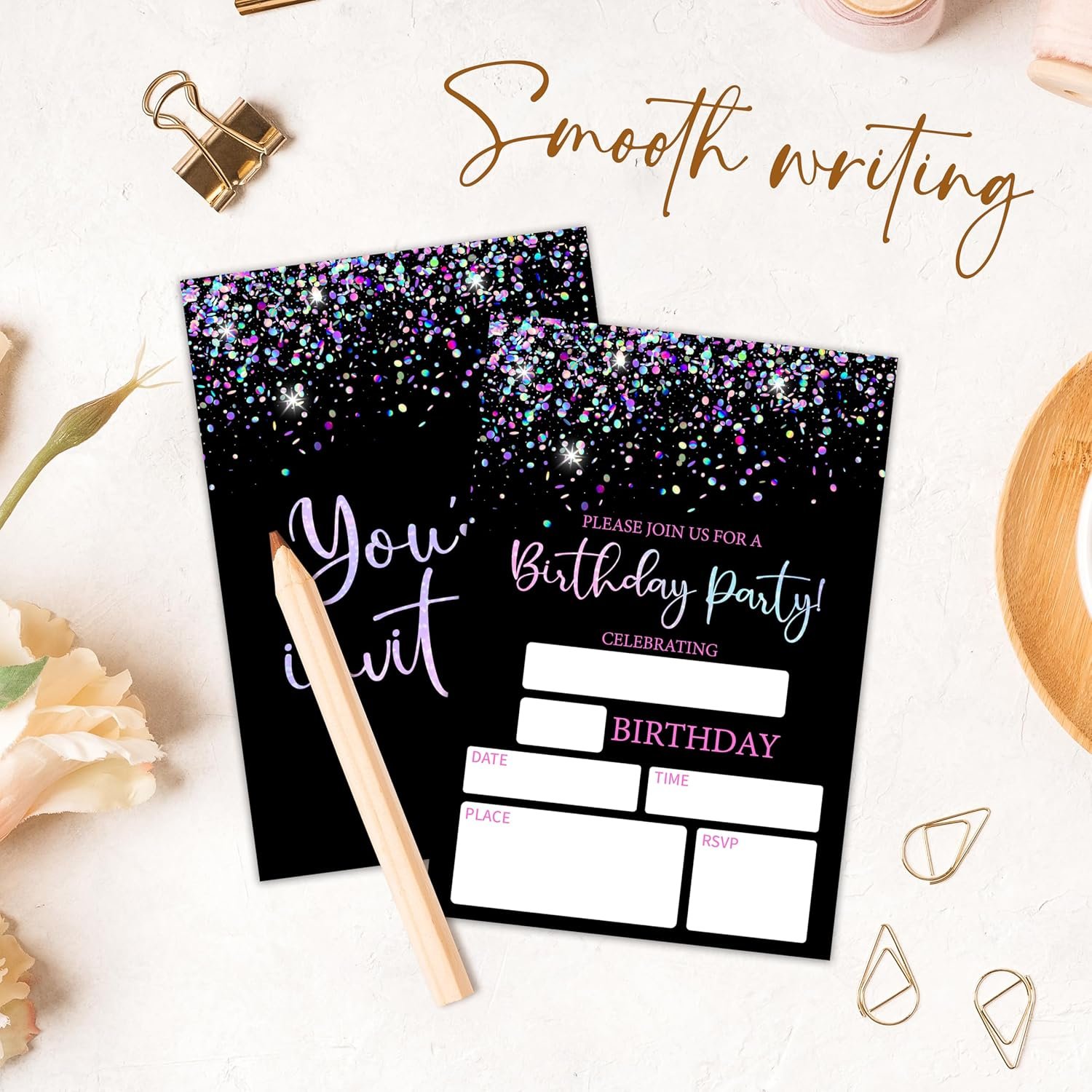 4" x 6" Black Glitter Birthday Invitation Cards - 20Pcs Double Sided Invitation Cards & 20Pcs Envelopes - Modern Birthday Party Invites For Boys, Girls - A05 - Image 5