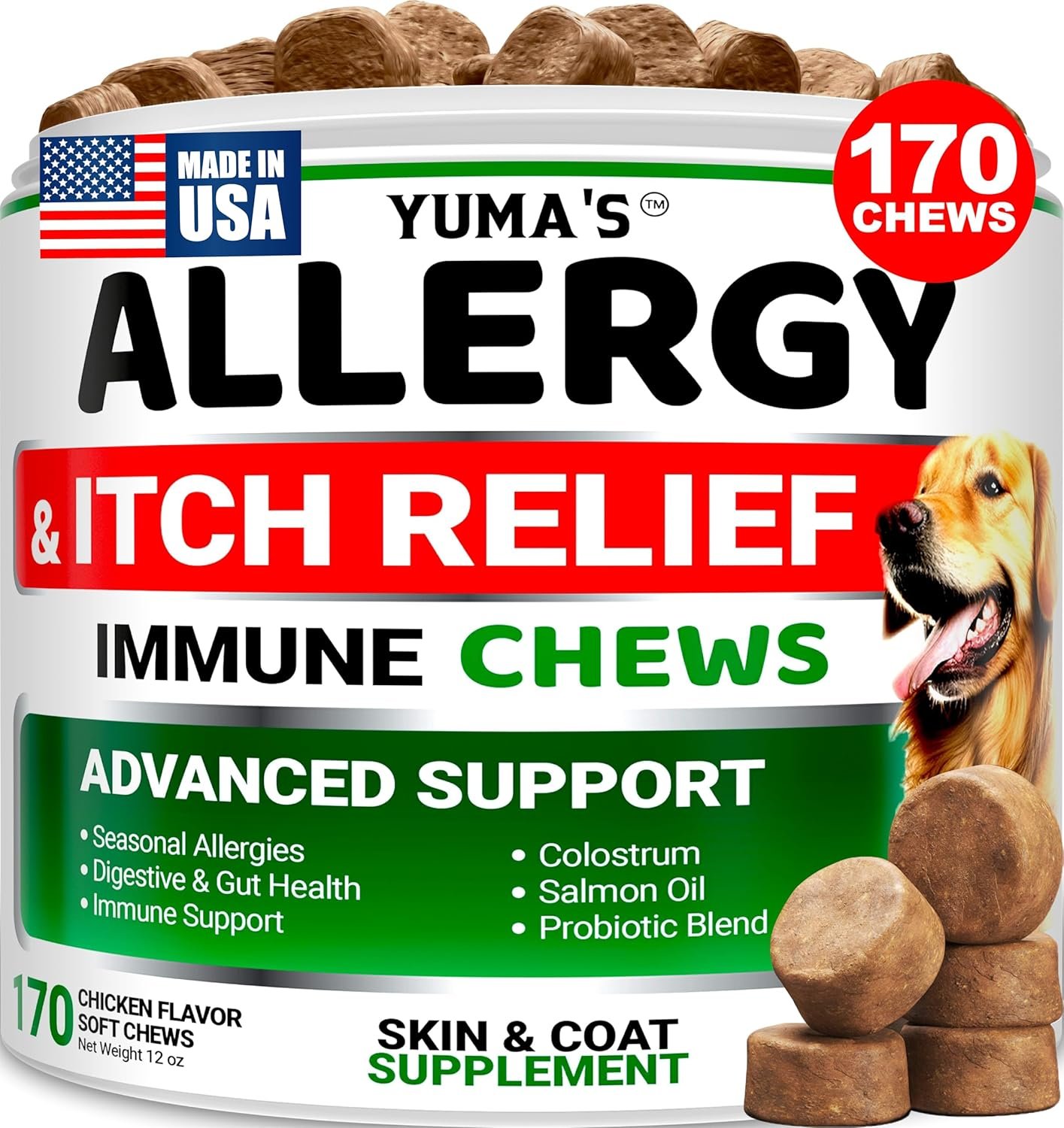 Dog Allergy Relief Chews - Dog Itching Skin Relief Treatment Pills - 170 Treats - Anti-Itch Chewables - Itchy and Paw Licking - Hot Spots - Omega 3 Fish Oil - Dry Skin & Coat Supplement
