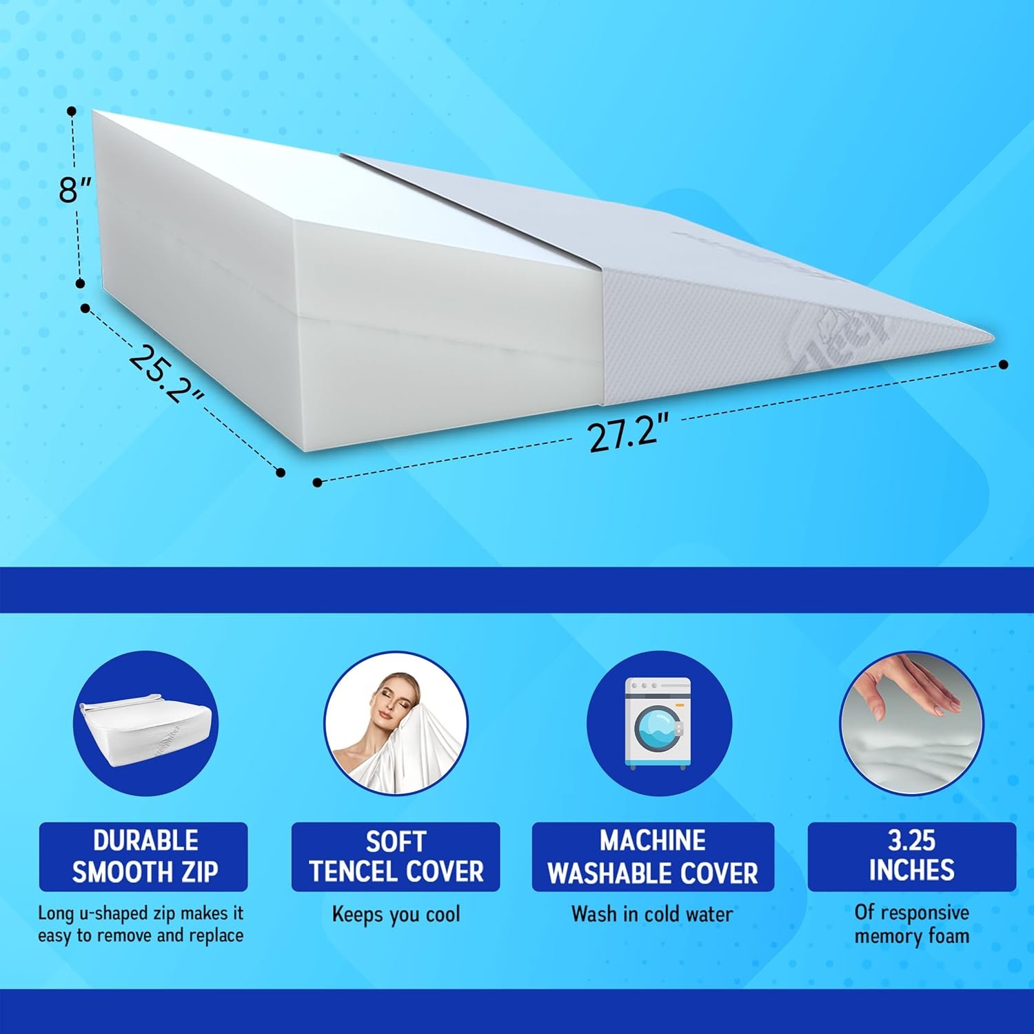 Sleepnitez Fsa Eligible 8" Bed Wedge Pillow – Memory Foam Wedge for Sleeping, Acid Reflux Pillow for Snoring, GERD, Pregnancy, Sleep Apnea, Reading – Luxurious 3.25" Memory Foam Top Layer - Image 3