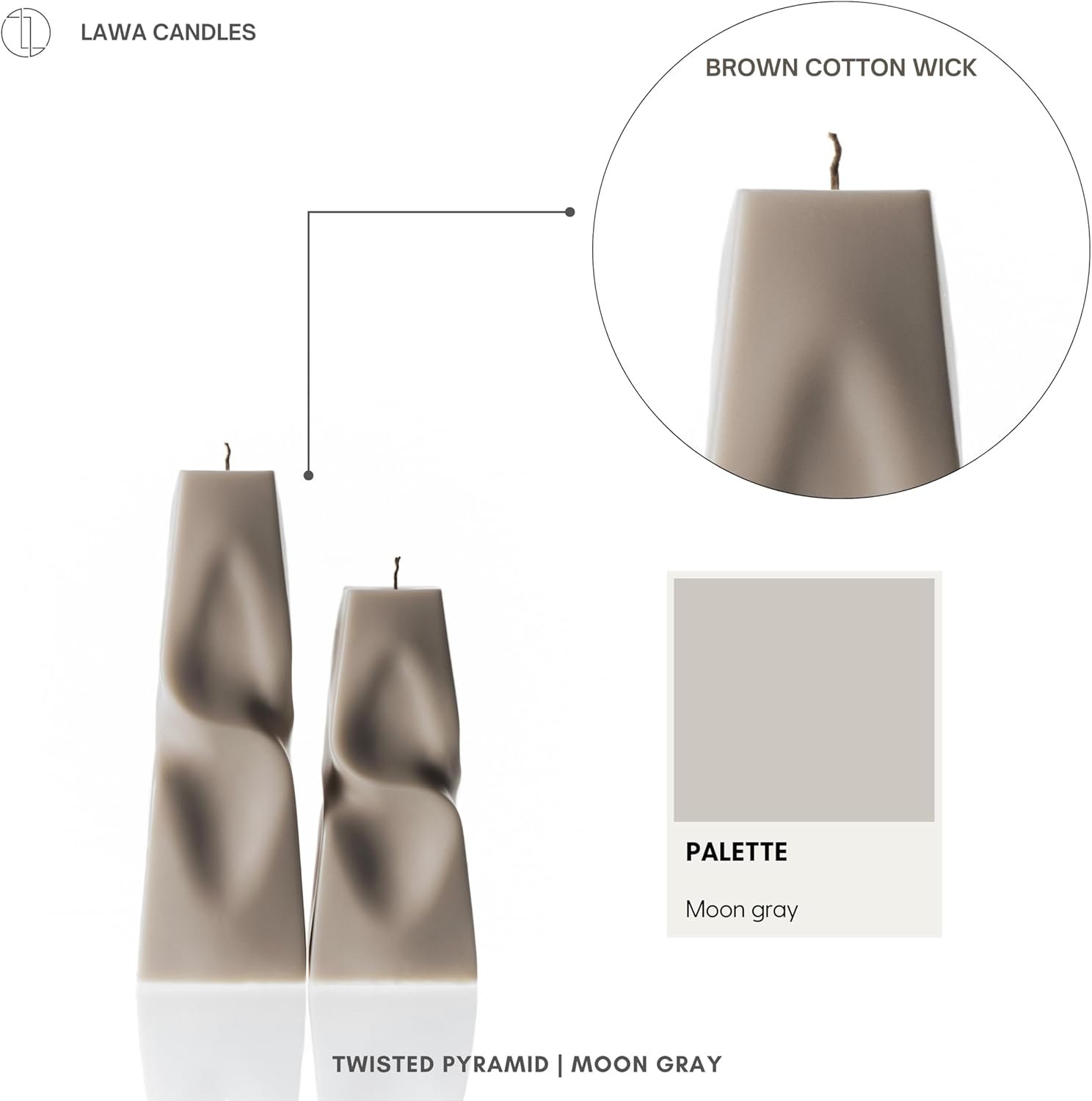 LAWA Twisted Pyramid Candle - Beautiful Handmade Pillar Soy Wax Elegant Aesthetic Candle Housewarming Gift Home Room Shelf Decor Idea (Set of 2) (Moon Gray) - Image 3