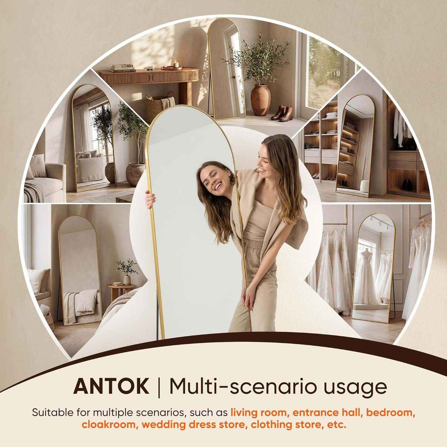 Antok Full Length Mirror, 58"x19" Floor Mirror, Arched Floor Standing Freestanding Arch Full Body Mirrors with Stand for Bedroom, Hanging Mounted for Living Room Cloakroom,Gold - Image 7