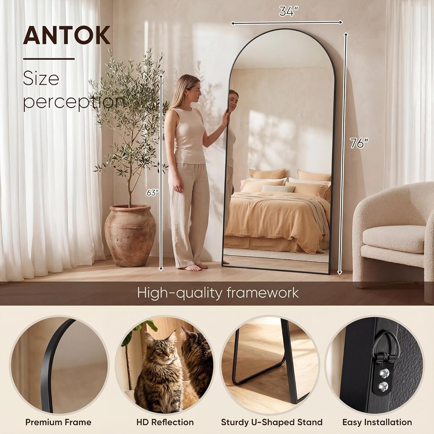 Antok Full Length Mirror, 76"x34" Floor Mirror, Arched Floor Standing Freestanding Arch Full Body Mirrors with Stand for Bedroom, Hanging Mounted for Living Room Cloakroom,Black - Image 3