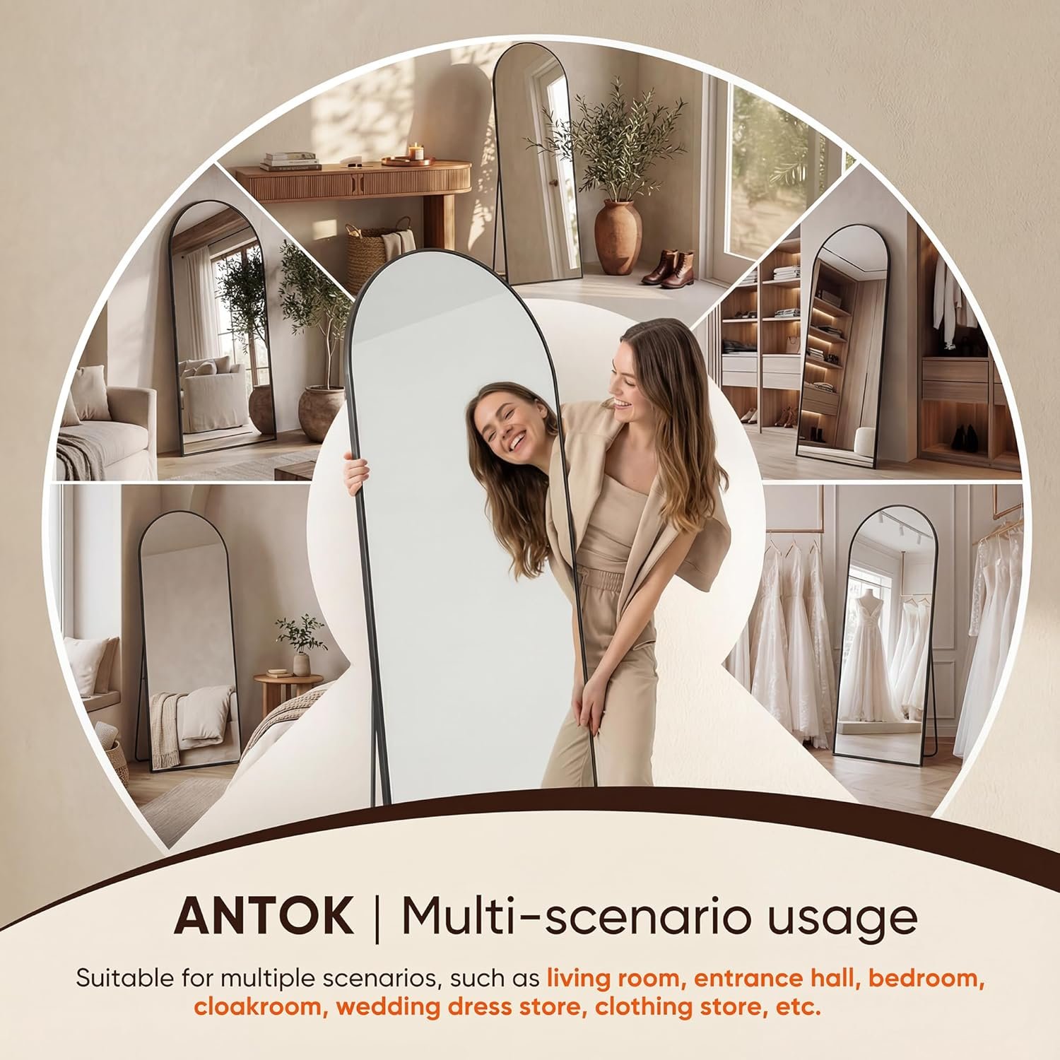 Antok Full Length Mirror, 76"x34" Floor Mirror, Arched Floor Standing Freestanding Arch Full Body Mirrors with Stand for Bedroom, Hanging Mounted for Living Room Cloakroom,Black - Image 4