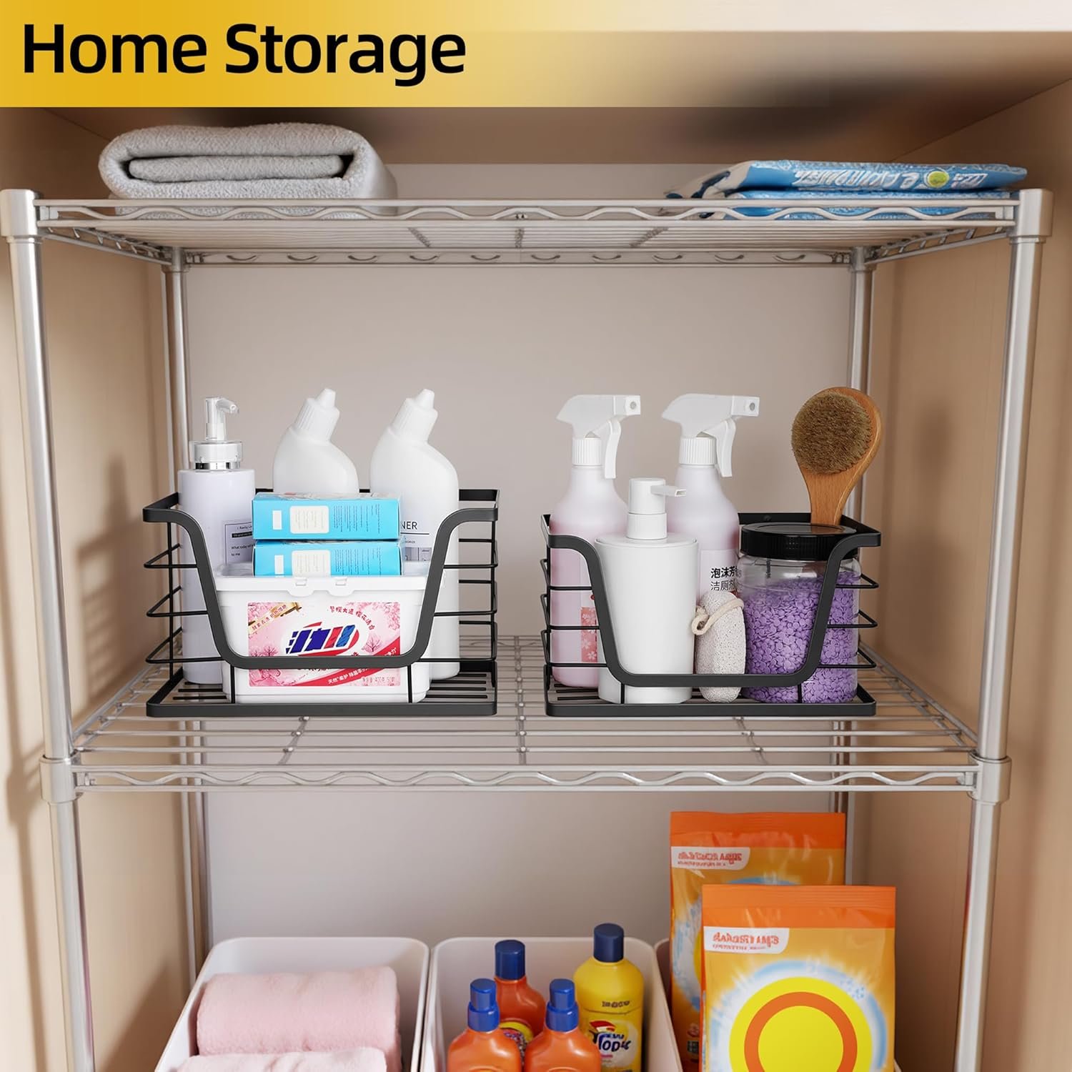 ALOCEO 2 Pack Storage Stackable Kitchen Laundry Organizers with Bamboo Top, Large Trash Bag Holder and Small Garbage Bag Dispenser for Countertop Organization - Image 4