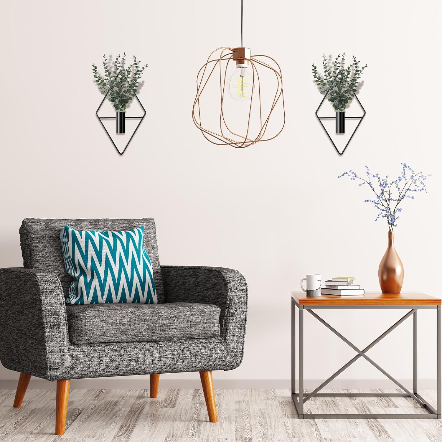 Jexine 4 Pcs Hanging Planters with Artificial Eucalyptus Metal Hanging Vase Indoor Plants Holder Modern Geometric Boho Bathroom Wall Decor for Living Room Home Office(Black) - Image 5