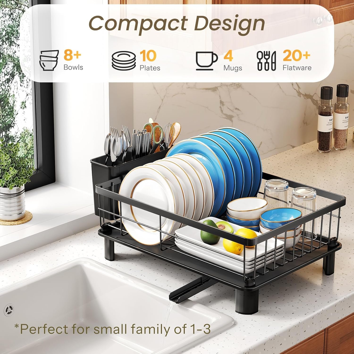 SNTD Dish Drying Rack - Small Dish Rack for Kitchen Counter, Stainless Steel Dish Drainer with Utensil Holder and Drainboard, 11" W x 15" L (Black) - Image 3