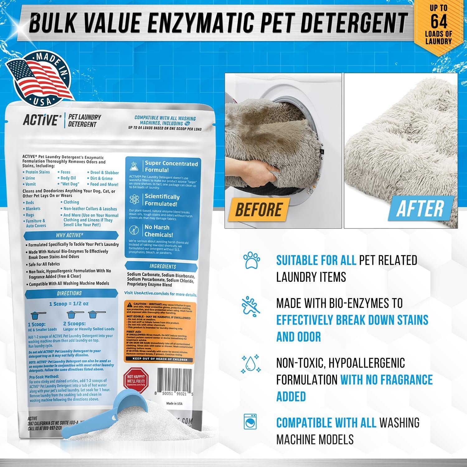 Pet Laundry Detergent Odor Remover - ACTIVE Enzyme Based Powder Detergent for Dogs Beds, Cat Pee, HE Washer Friendly Natural Enzymatic Deodorizer, Urine, Smell, Dog Drool, Stain Eliminator - 64 Loads - Image 3