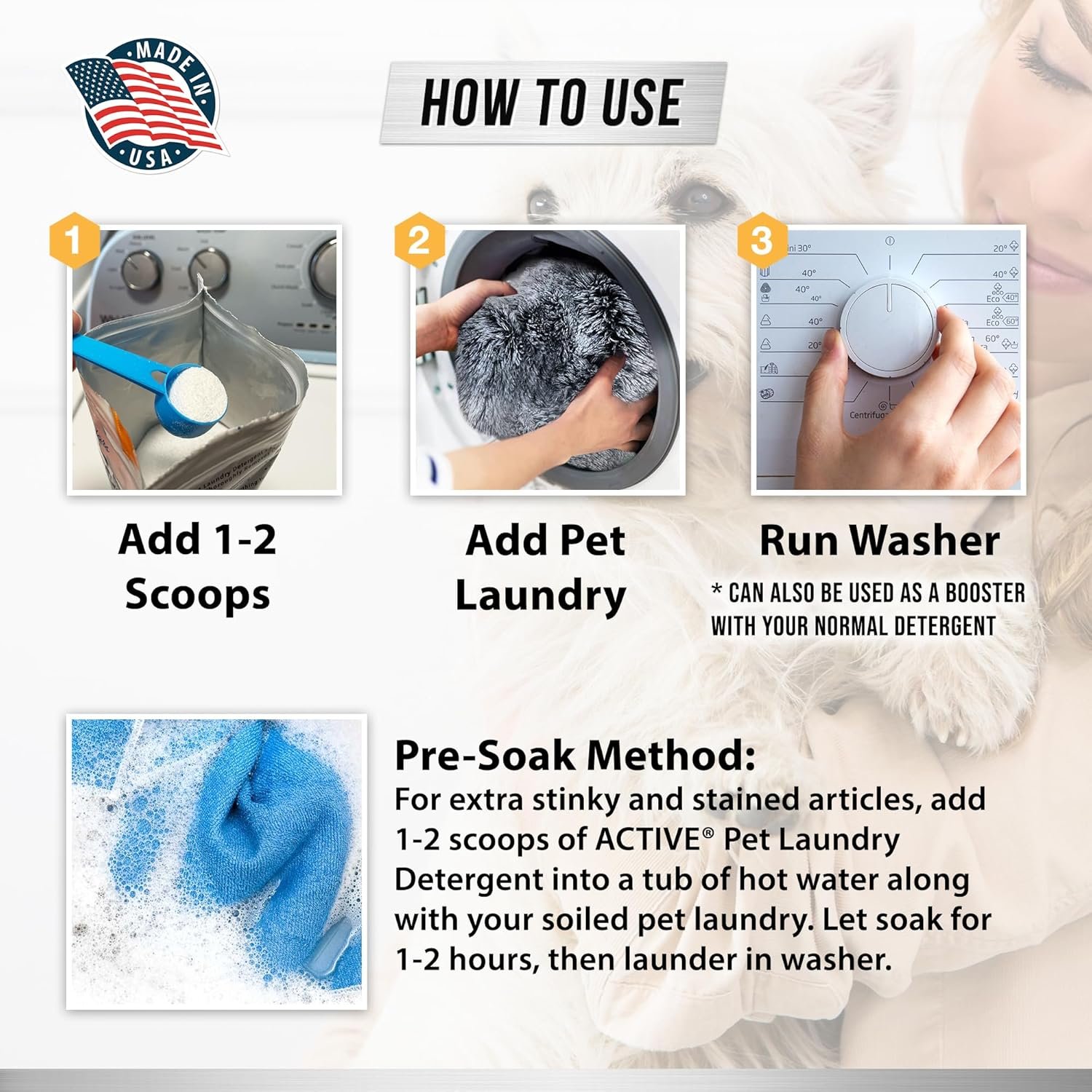 Pet Laundry Detergent Odor Remover - ACTIVE Enzyme Based Powder Detergent for Dogs Beds, Cat Pee, HE Washer Friendly Natural Enzymatic Deodorizer, Urine, Smell, Dog Drool, Stain Eliminator - 64 Loads - Image 4