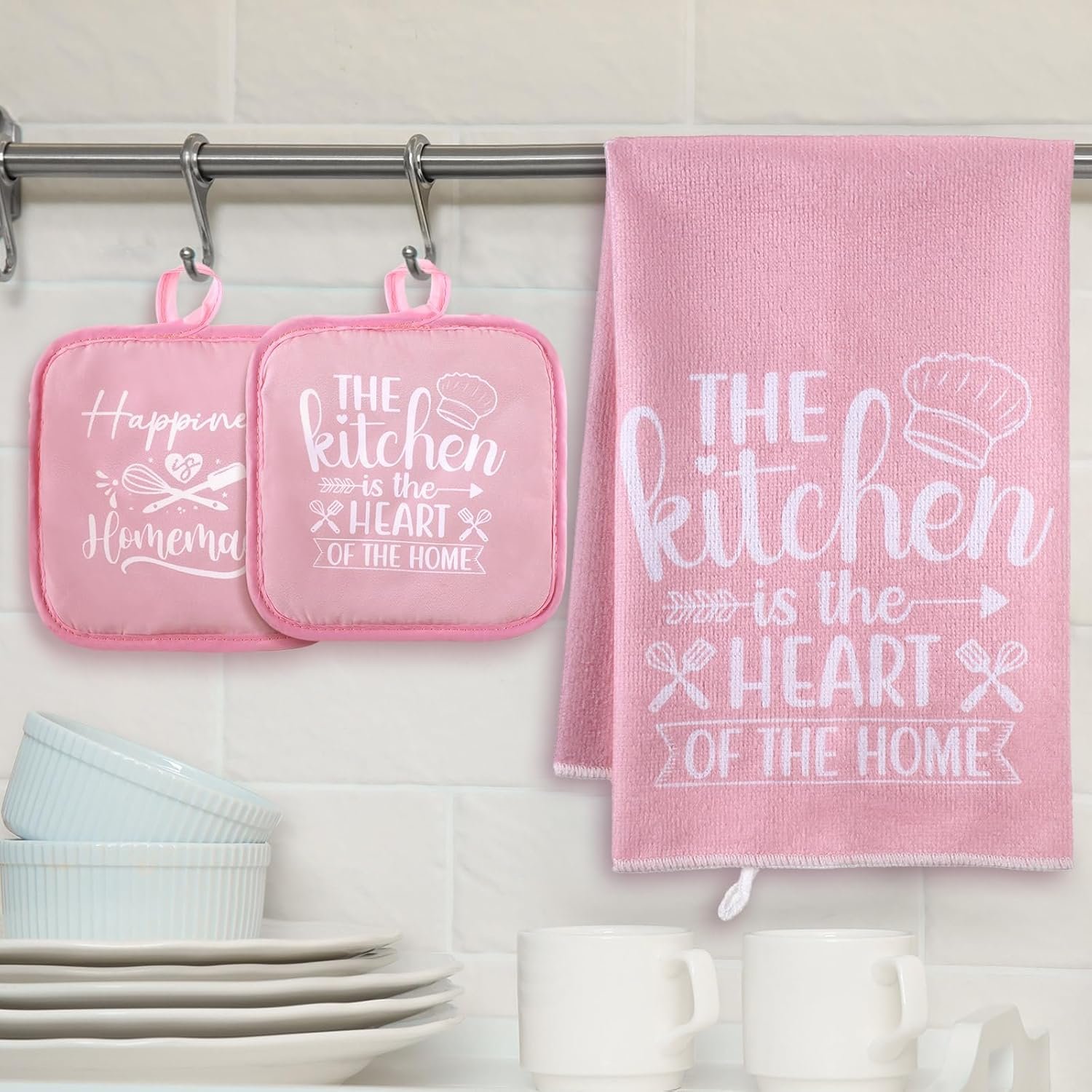 Sratte 6 Pcs Kitchen Decor Accessories Set Farmhouse Towels Pot Holders Oven Mitts Set 2 Dish Towels 2 Potholders 2 Cooking Mittens Oven Glove for Christmas Baking Cooking Supply(Pink,Kitchen) - Image 3