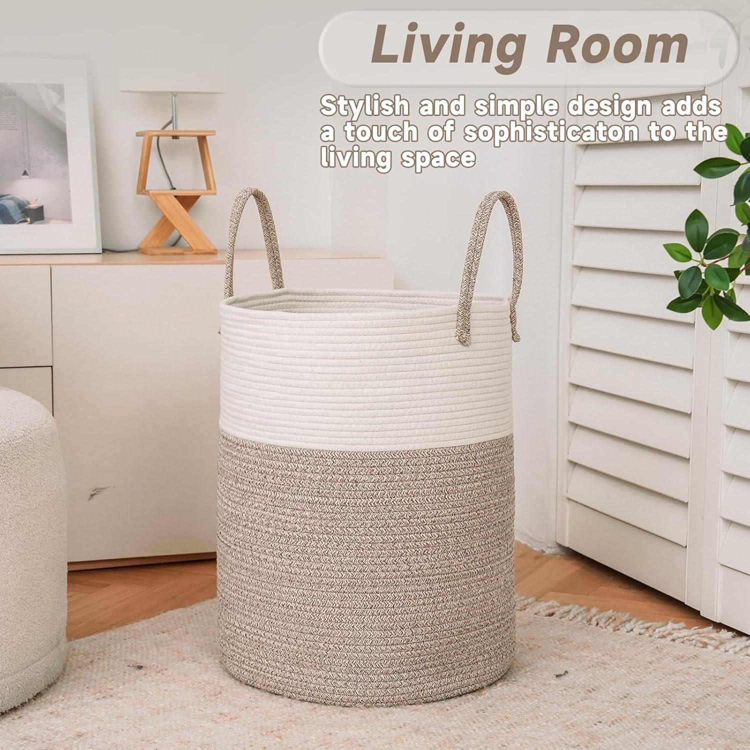 Large Woven Laundry Basket Hamper,60L Cotton Rope Storage Bin for Blankets,Toys and Clothes,Decorative Tall Nursery Hamper for Living Room,Baby Nursery,Bathroom and Bedroom,Brown - Image 3