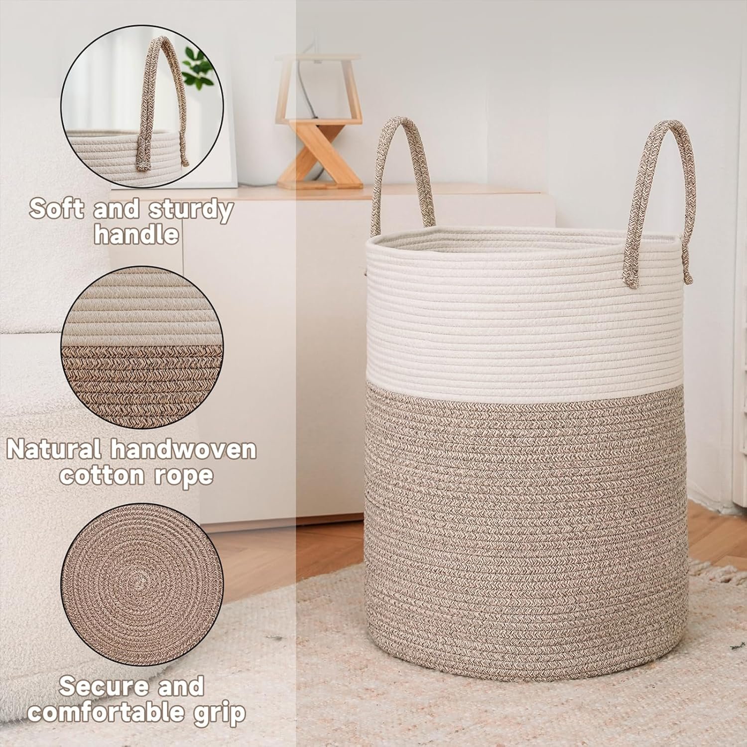 Large Woven Laundry Basket Hamper,60L Cotton Rope Storage Bin for Blankets,Toys and Clothes,Decorative Tall Nursery Hamper for Living Room,Baby Nursery,Bathroom and Bedroom,Brown - Image 4