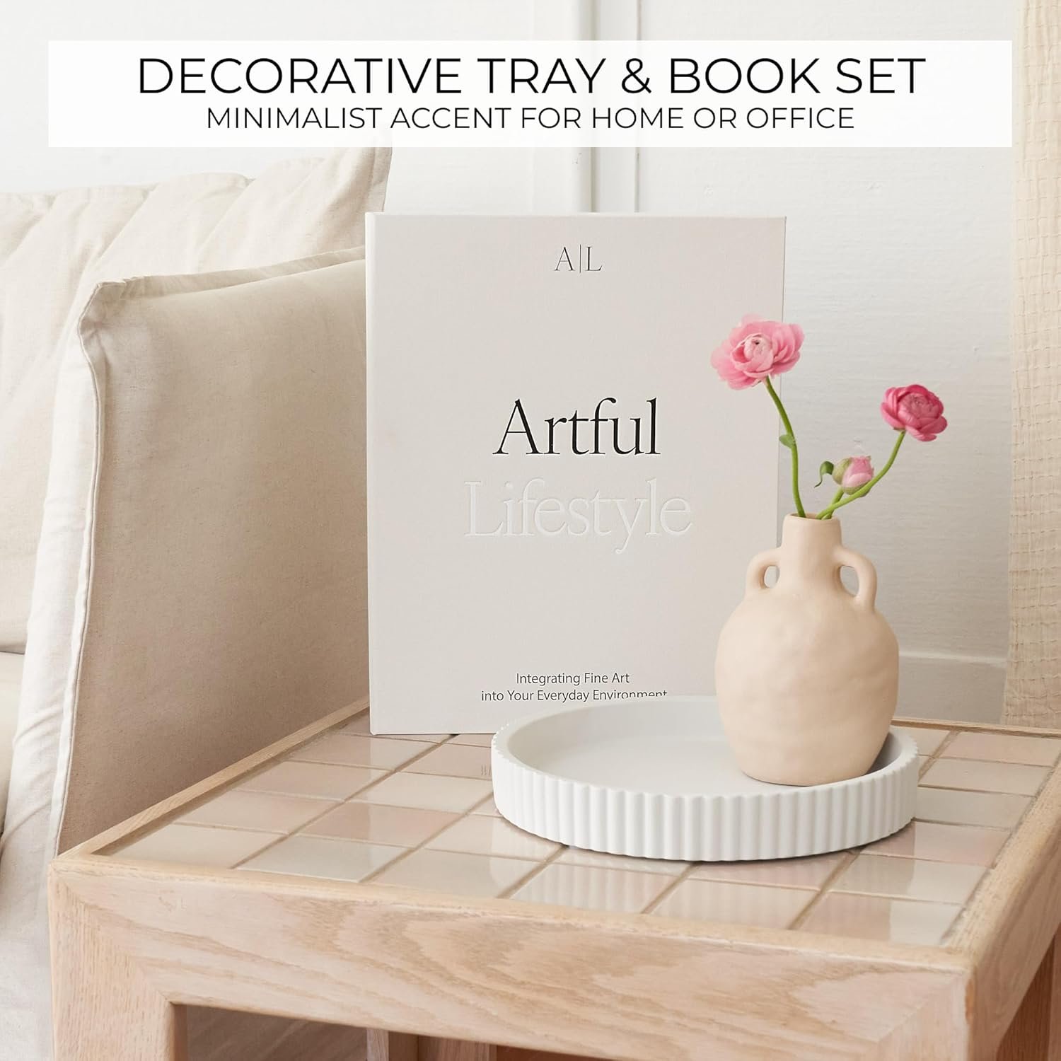 Decorative Concrete Tray & Book Decor Set - Scalloped Tray & Linen Box Enhance Your Coffee Table or Bookshelf Decor - Stylish Home Decoration for Your Living or Dining Room & as a Housewarming Gift - Image 3