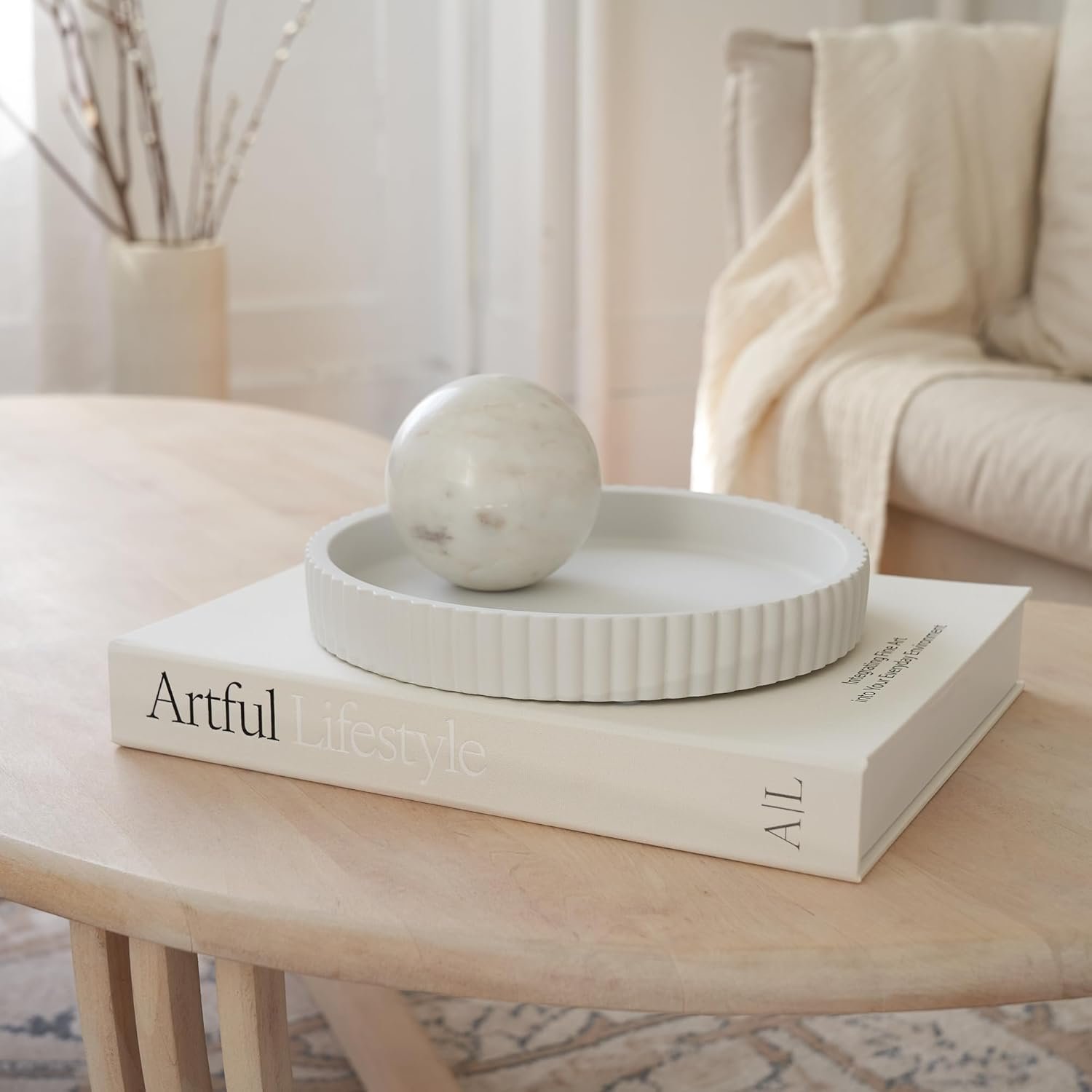 Decorative Concrete Tray & Book Decor Set - Scalloped Tray & Linen Box Enhance Your Coffee Table or Bookshelf Decor - Stylish Home Decoration for Your Living or Dining Room & as a Housewarming Gift - Image 4