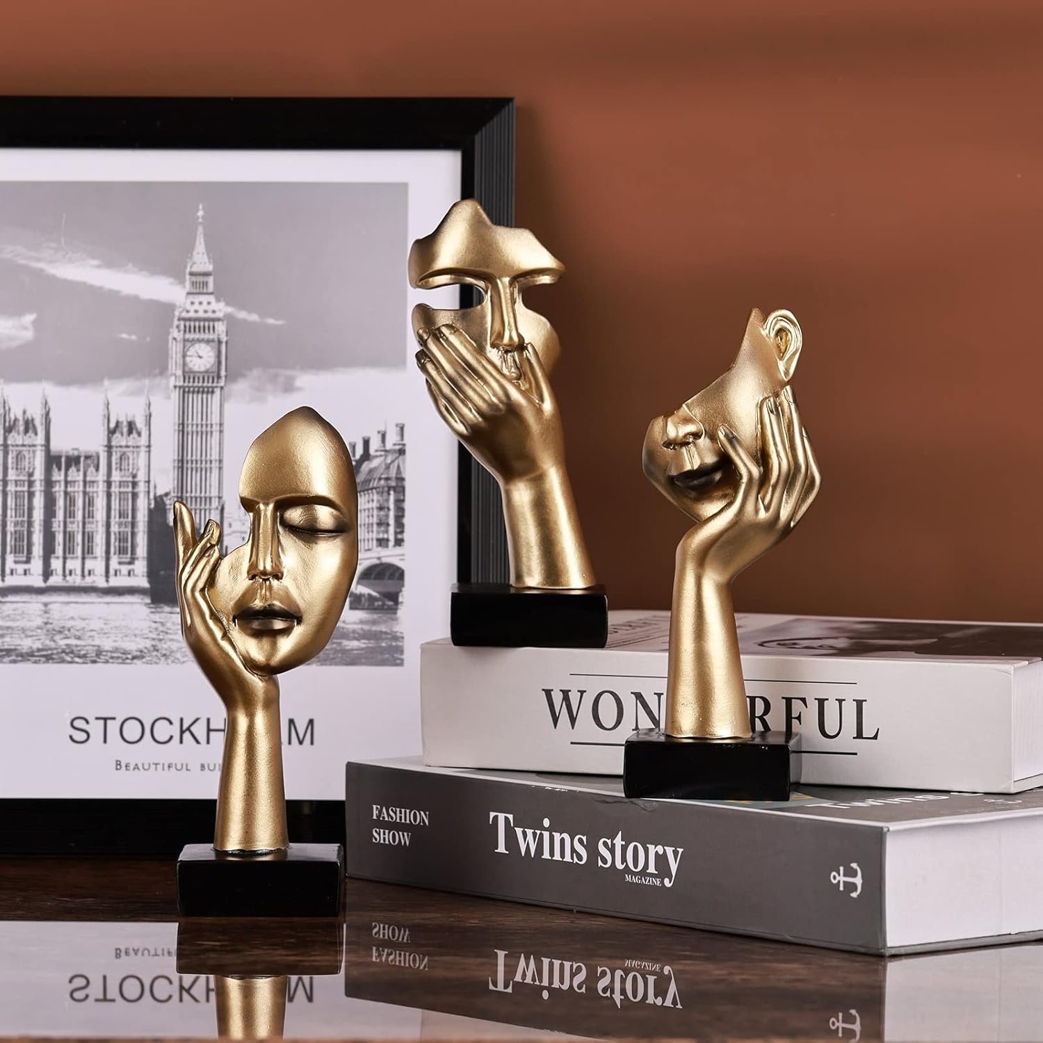 3 Pcs Thinker Small Statue Set - Black Gold Home Decor Abstract Art Figurines for Shelves, Living Room Coffee Table, Office Desktop (3 Pcs Gold, 6") - Image 5