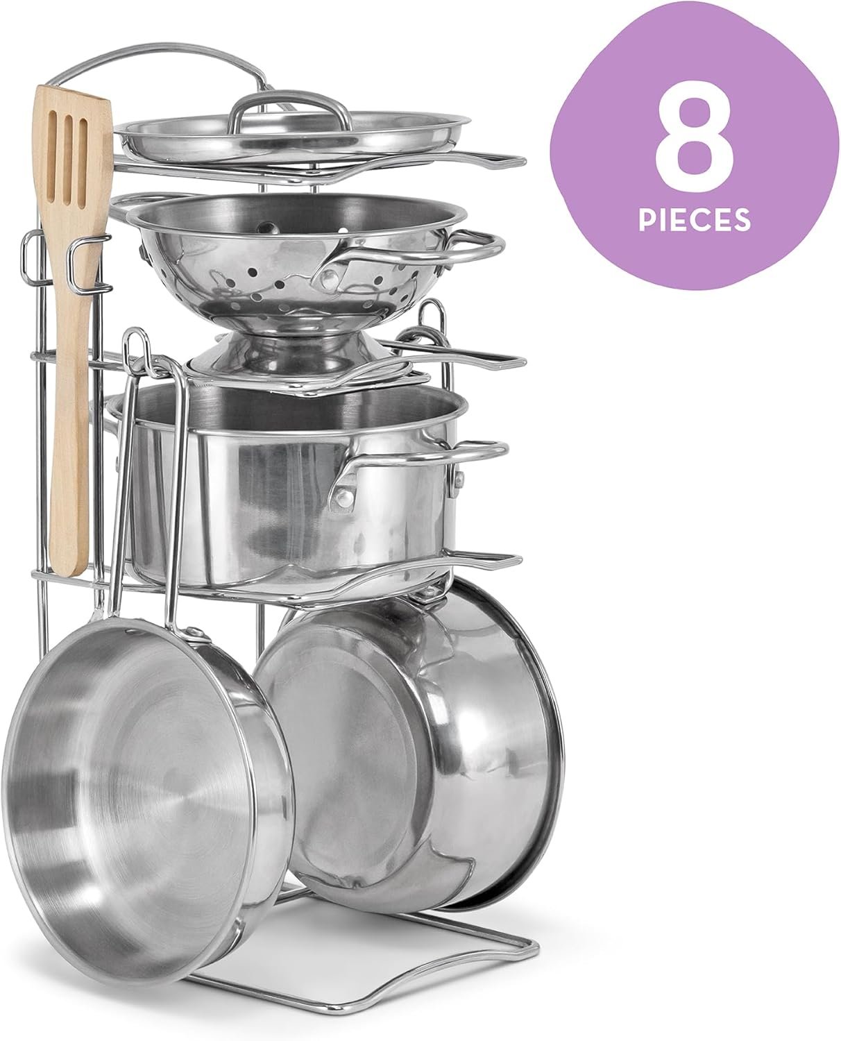Melissa & Doug Stainless Steel Pots & Pans, 8 Piece Play Kitchen Set, Premium Play Kitchen Accessories & Cooking Utensils, Preschool Toys for Kids 3+ - Image 3