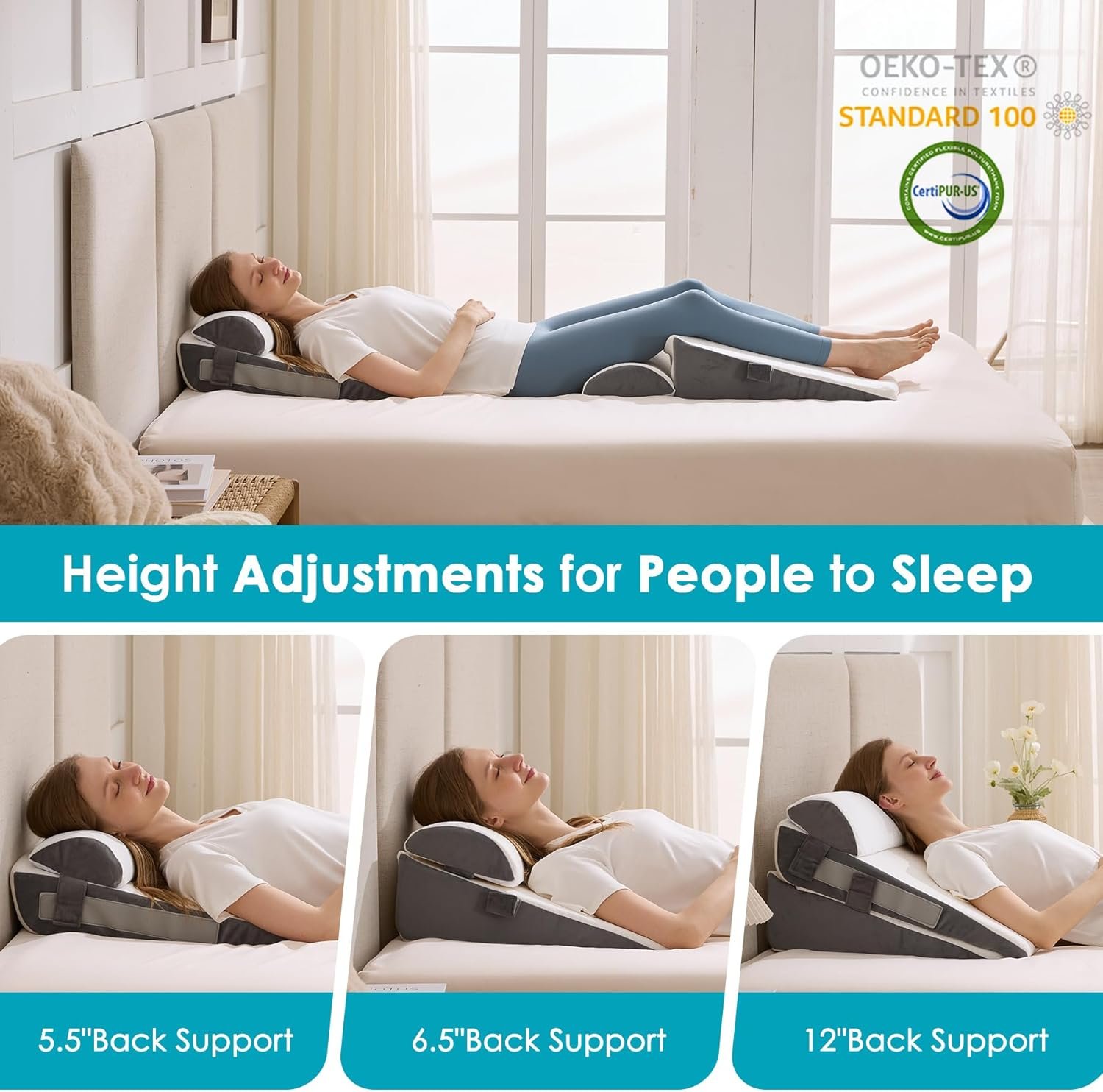 3Pcs Wedge Pillow Set for After Surgery,Acid Reflux Relief, Adjustable Bed Wedge Pillows for Sleeping,Anti Snore, Memory Foam Triangle Pillow for Back&Neck&Shoulder Pain Relief, White&Grey - Image 3