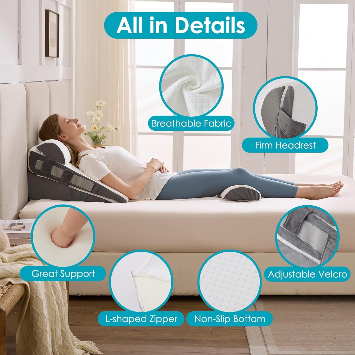 3Pcs Wedge Pillow Set for After Surgery,Acid Reflux Relief, Adjustable Bed Wedge Pillows for Sleeping,Anti Snore, Memory Foam Triangle Pillow for Back&Neck&Shoulder Pain Relief, White&Grey - Image 4