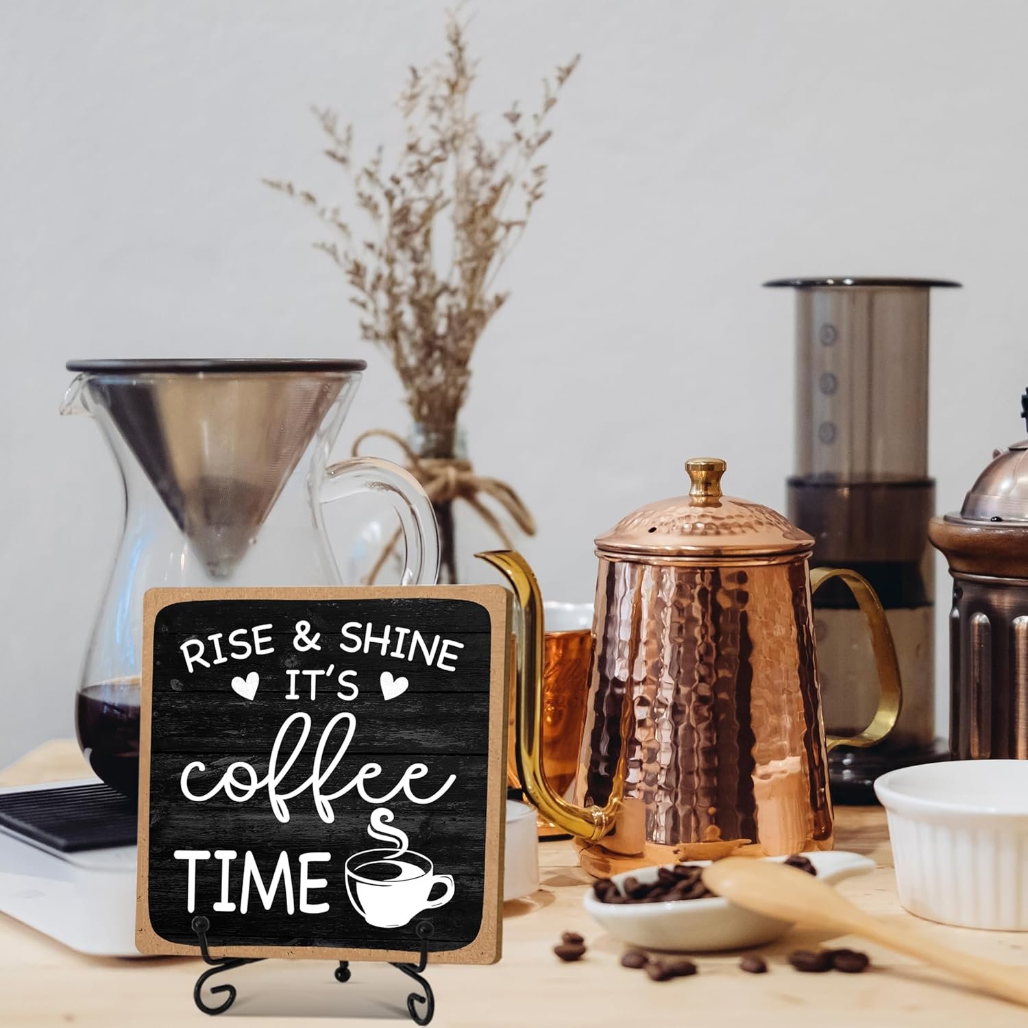 Farmhouse Coffee Bar Sign, Rise & Shine It's Coffee Time, 5"x5" Wood Plaque with Stand Gift for Home Kitchen Tabletop Decor -B09 - Image 3