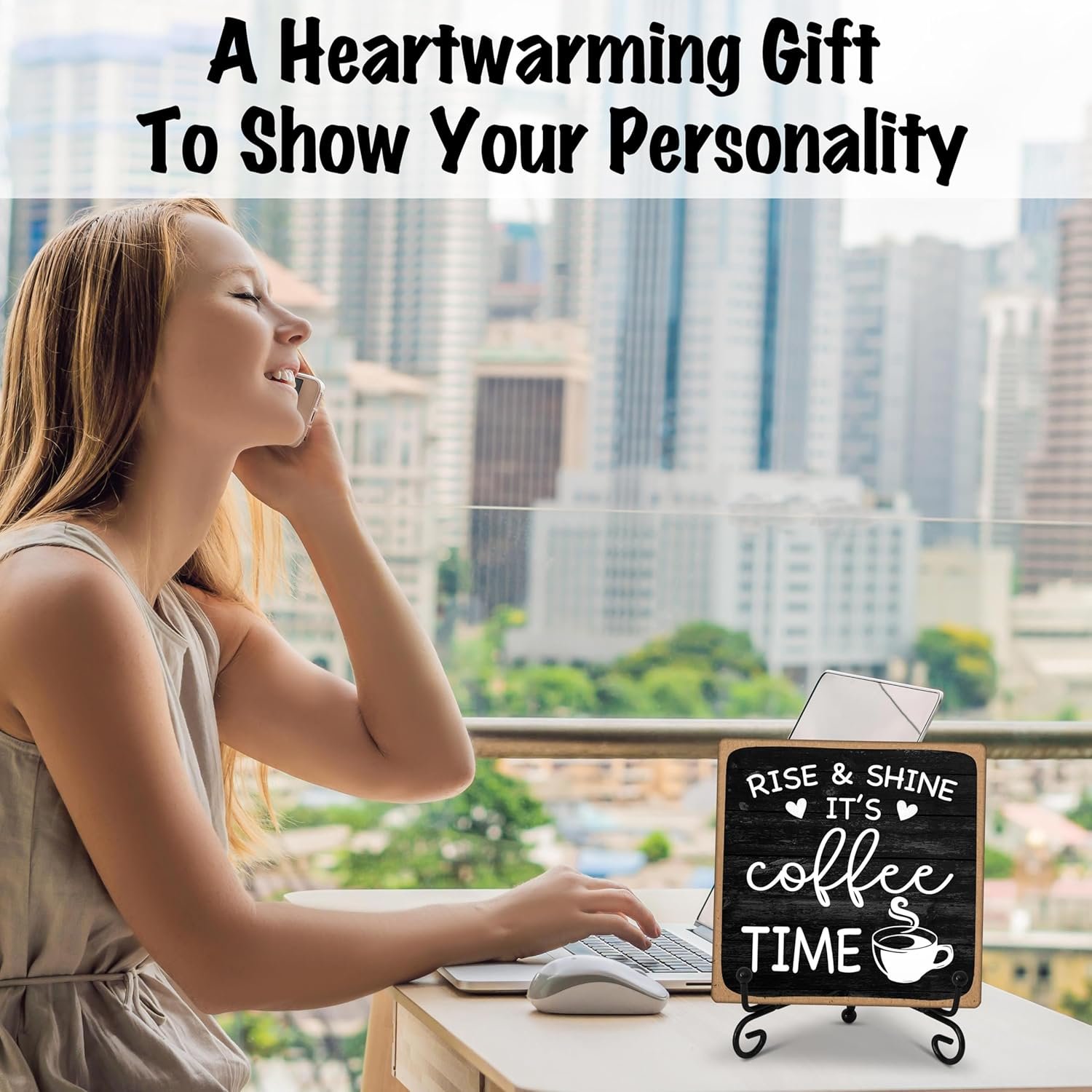 Farmhouse Coffee Bar Sign, Rise & Shine It's Coffee Time, 5"x5" Wood Plaque with Stand Gift for Home Kitchen Tabletop Decor -B09 - Image 5