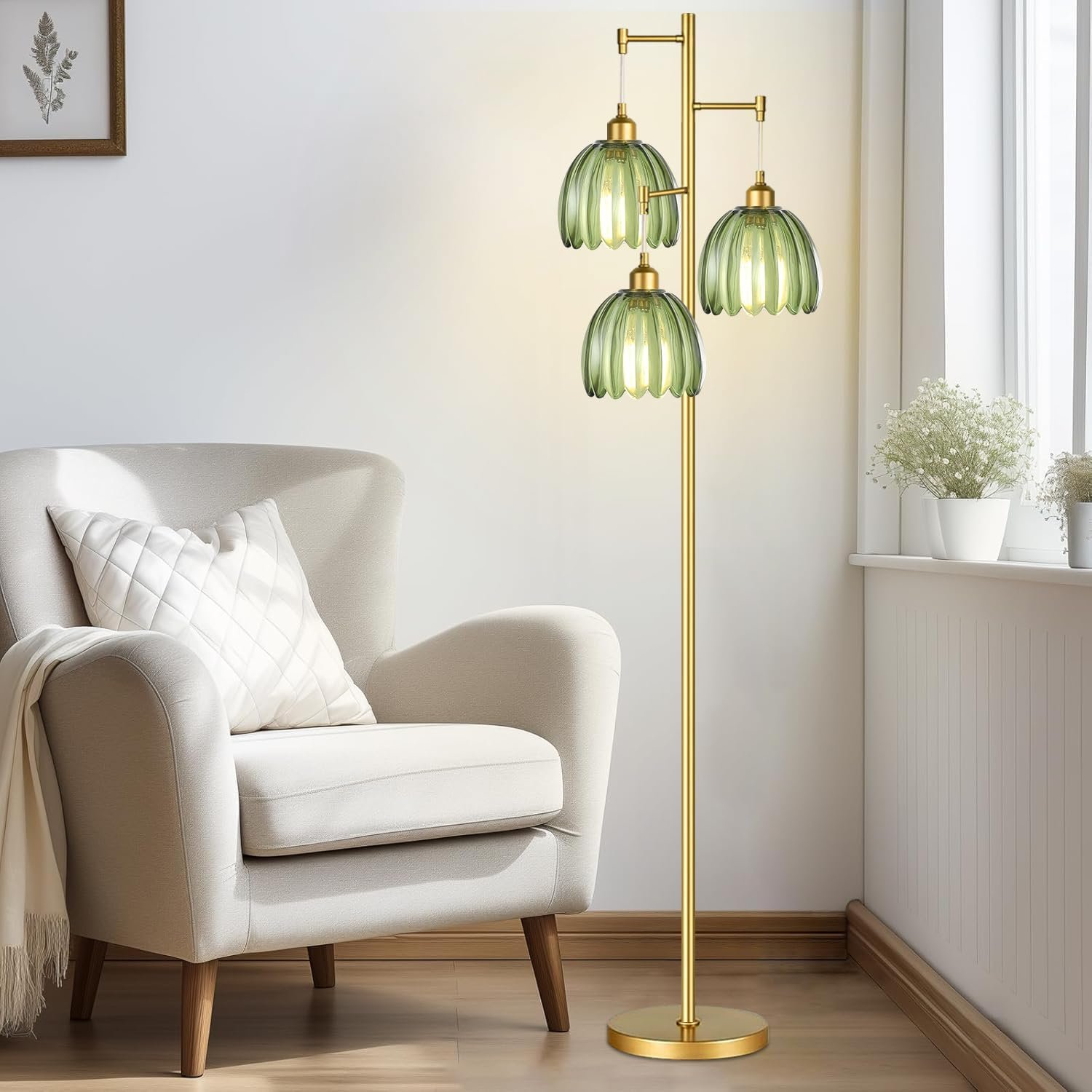 Gold Floor Lamp for Living Room,Bedroom,Mid Century Modern Standing Lamp Brass Tree 3 Light Tall Floor Lamps Vintage Retro Floor Lights Glass Green Flower Lamp Shade Farmhouse Boho Bohemian - Image 4