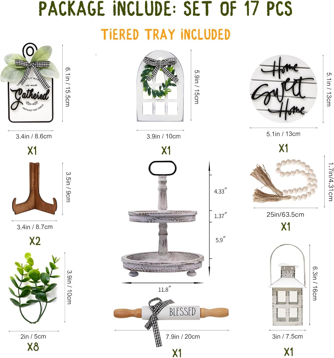 Houmury Set of 17 Farmhouse Tiered Tray with 1 Lantern Artificial Plant& Cutting Board Sign for Rustic Home Sweet Home Kitchen Decor Tier Tray Decor Set - Image 3