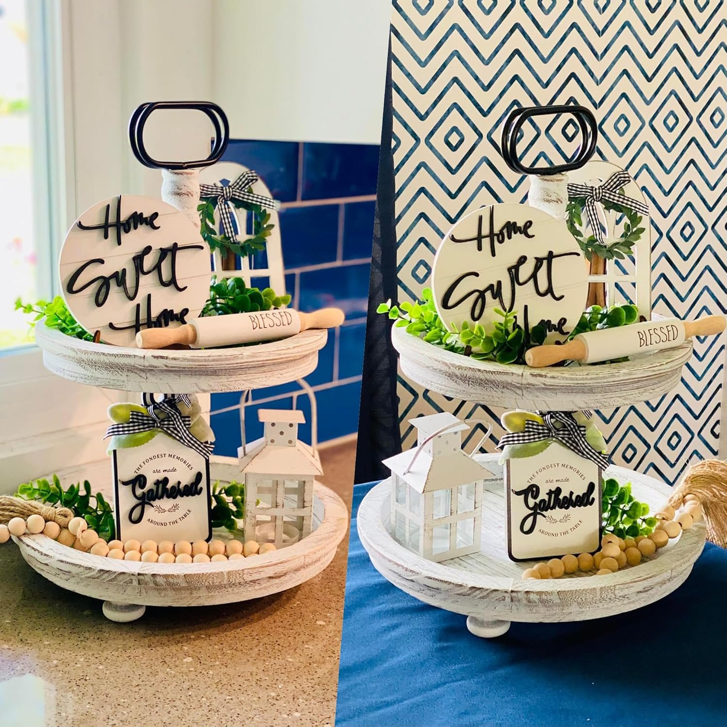 Houmury Set of 17 Farmhouse Tiered Tray with 1 Lantern Artificial Plant& Cutting Board Sign for Rustic Home Sweet Home Kitchen Decor Tier Tray Decor Set - Image 4