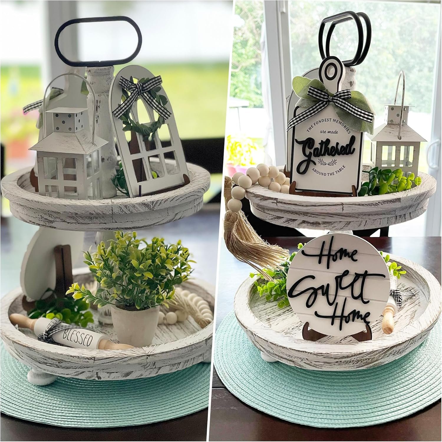 Houmury Set of 17 Farmhouse Tiered Tray with 1 Lantern Artificial Plant& Cutting Board Sign for Rustic Home Sweet Home Kitchen Decor Tier Tray Decor Set - Image 9