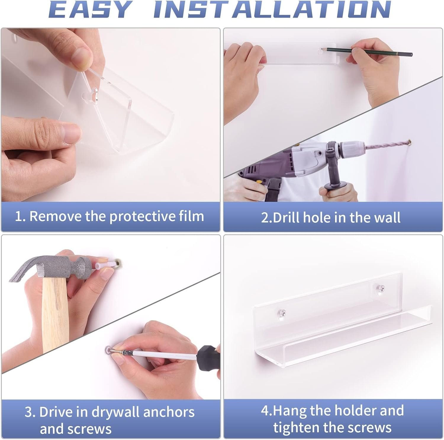 Vinyl Record Shelf Wall Mount, 12 inch Clear Acrylic Album Record Holder Display, Floating Shelves for Wall, Magazine Shelf, Kids Bookshelf, Suitable for Bedroom, Living Room, etc.—6 Pack - Image 3