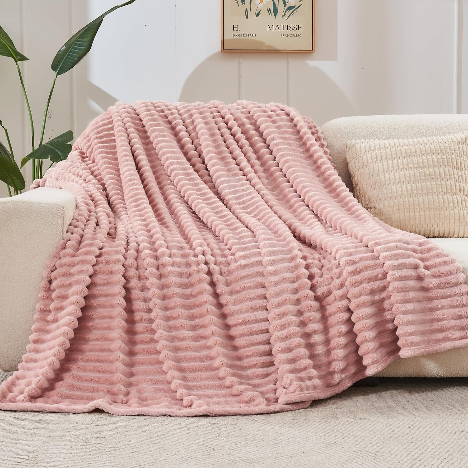 NEWCOSPLAY Super Soft Throw Blanket Pink Premium Silky Flannel Fleece 3D Ribbed Jacquard Lightweight Bed Blanket All Season Use (Pink Ribbed, Throw(50"x60")) - Image 3